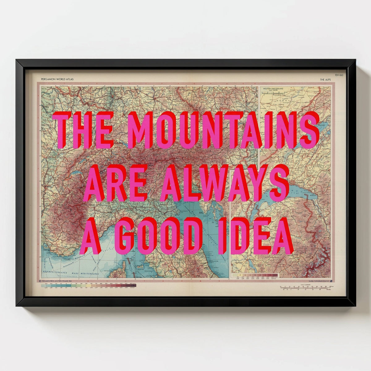 The Alps Retro Pop Art Map Print - black frame mockup - Magic Posters