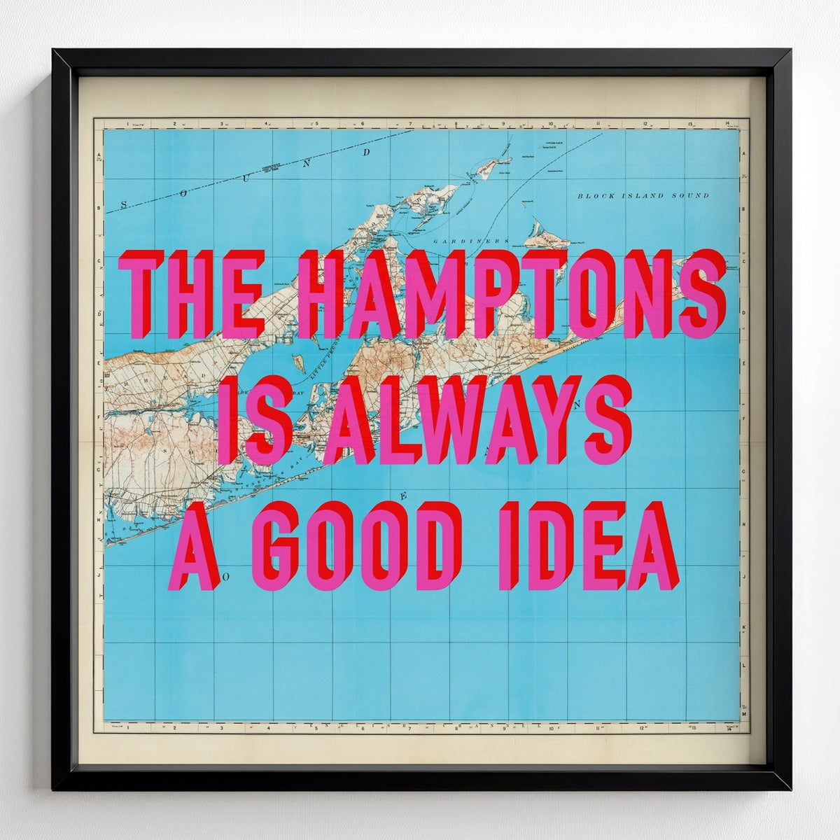 The Hamptons Retro Pop Art Map Print - black frame mockup - Magic Posters