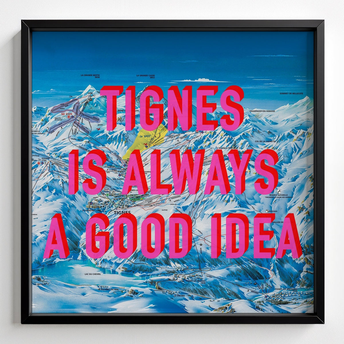 Tignes Retro Pop Art Ski Map Print - black frame mockup - Magic Posters