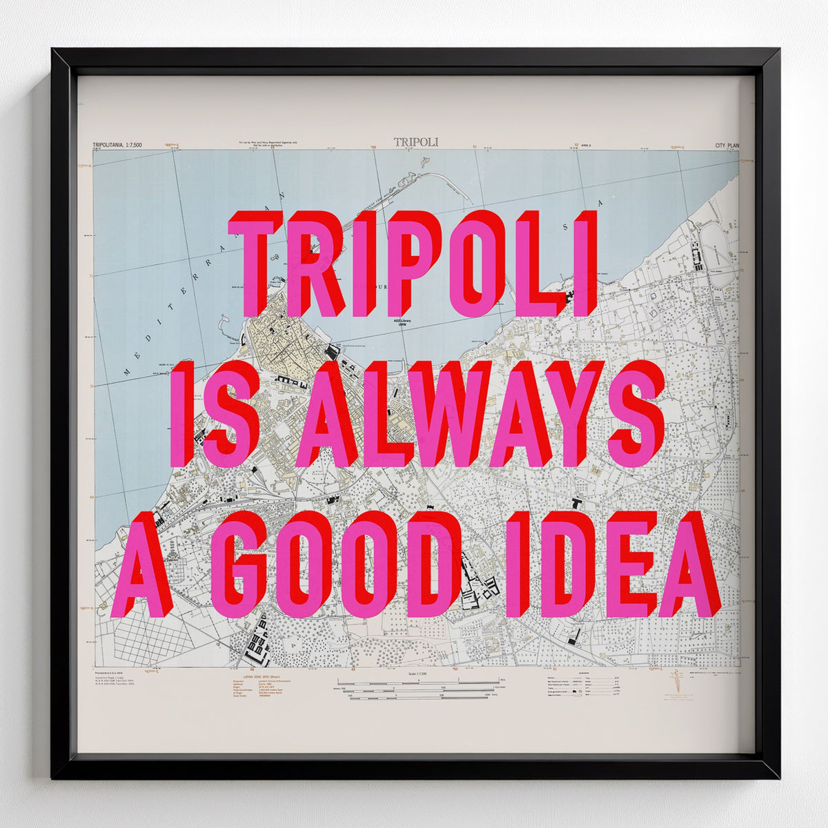 Tripoli Retro Pop Art Map Print (square) - black frame mockup - Magic Posters Bold