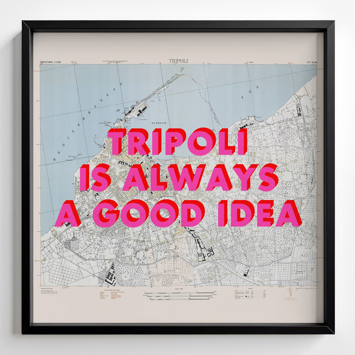 Tripoli Retro Pop Art Map Print (square) - black frame mockup - Magic Posters