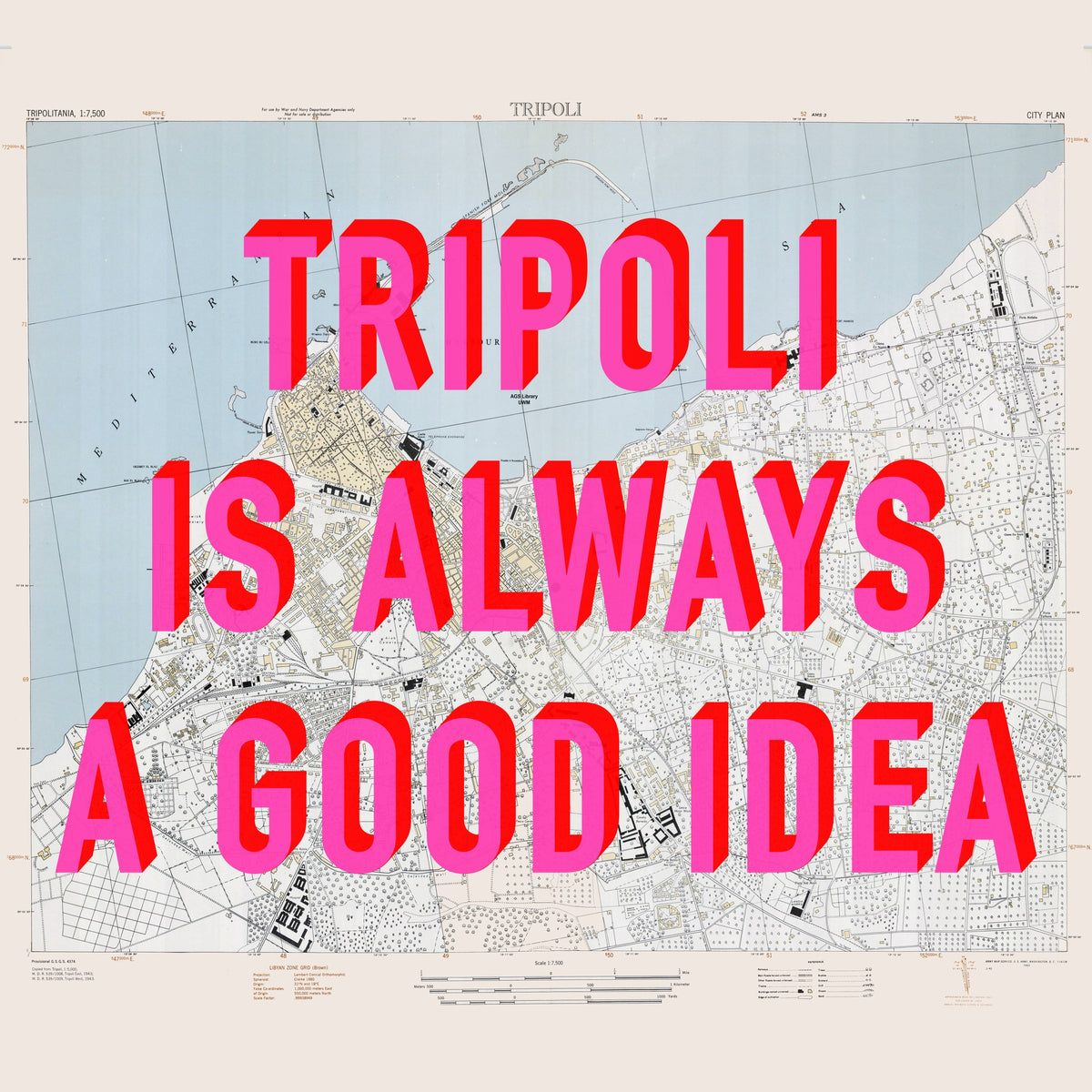 Tripoli Retro Pop Art Map Print (square) - Magic Posters