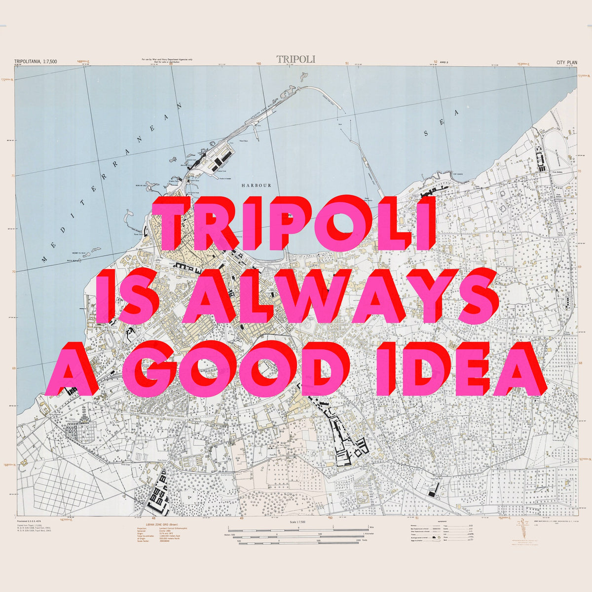 Tripoli Retro Pop Art Map Print (square) - Magic Posters