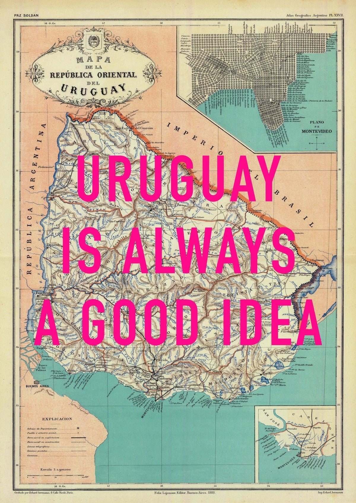 Uruguay Retro Pop Art Map Print (portrait)