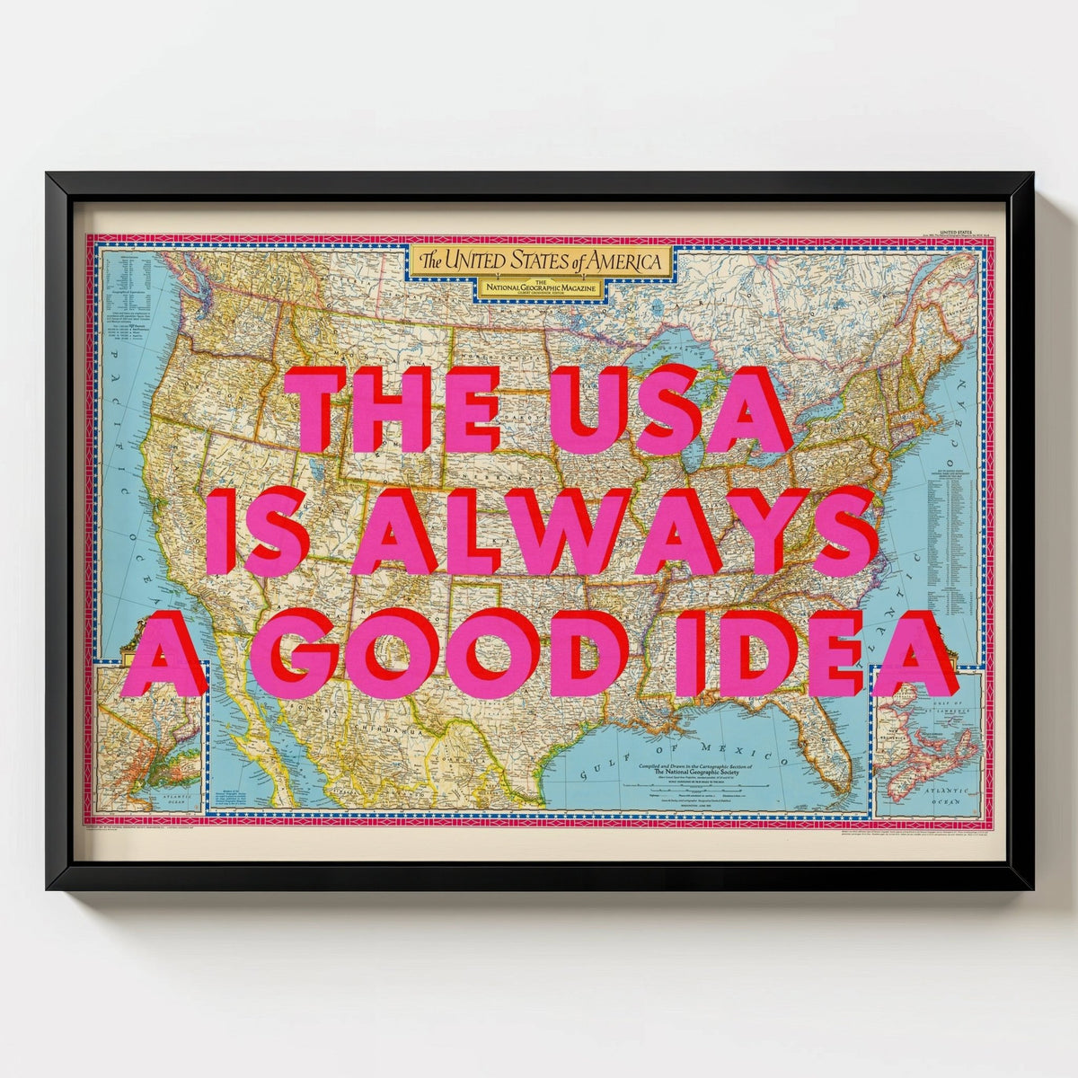 USA Retro Pop Art Map Print - black frame mockup - Magic Posters