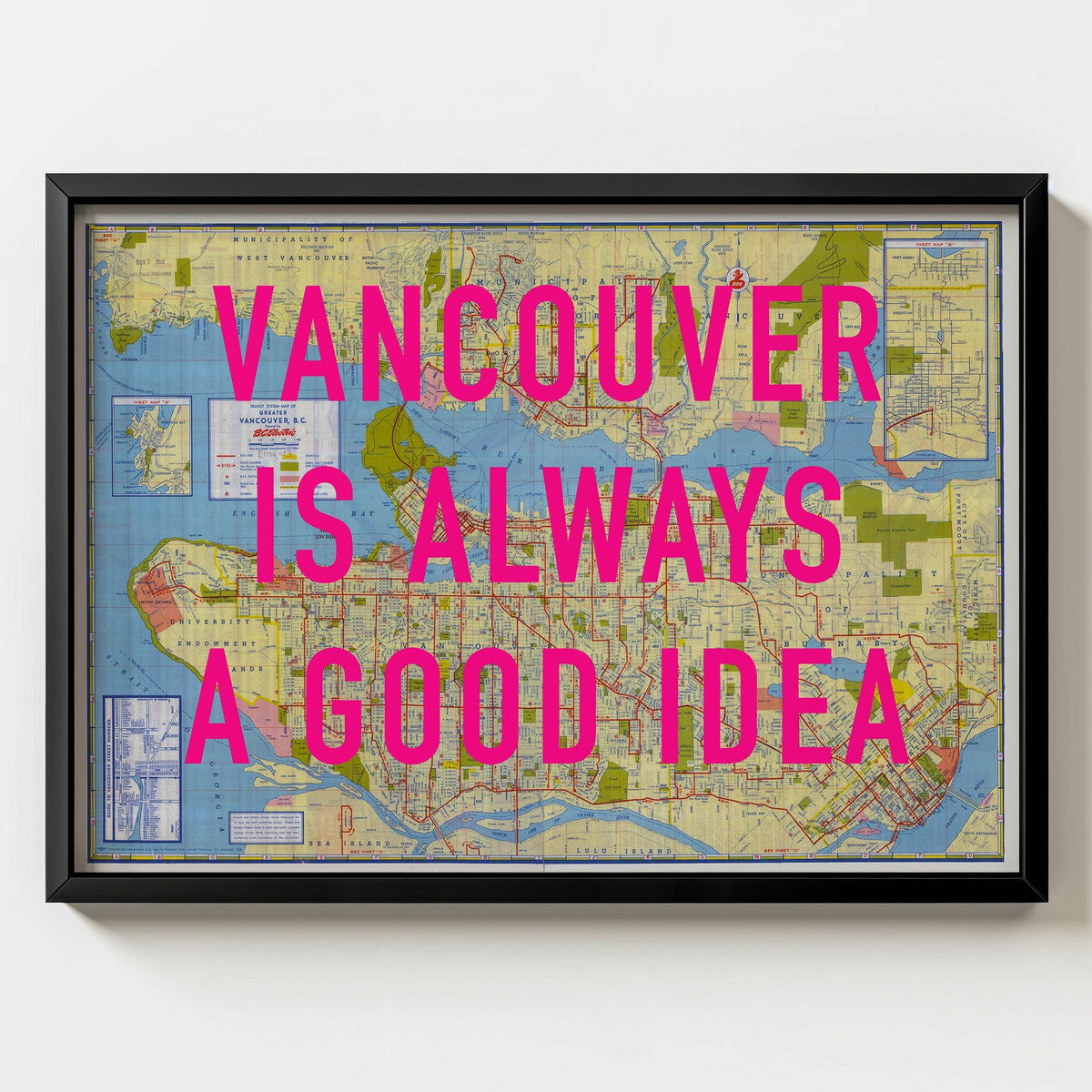 Vancouver Retro Pop Art Map Print (landscape) - black frame mockup - Magic Posters