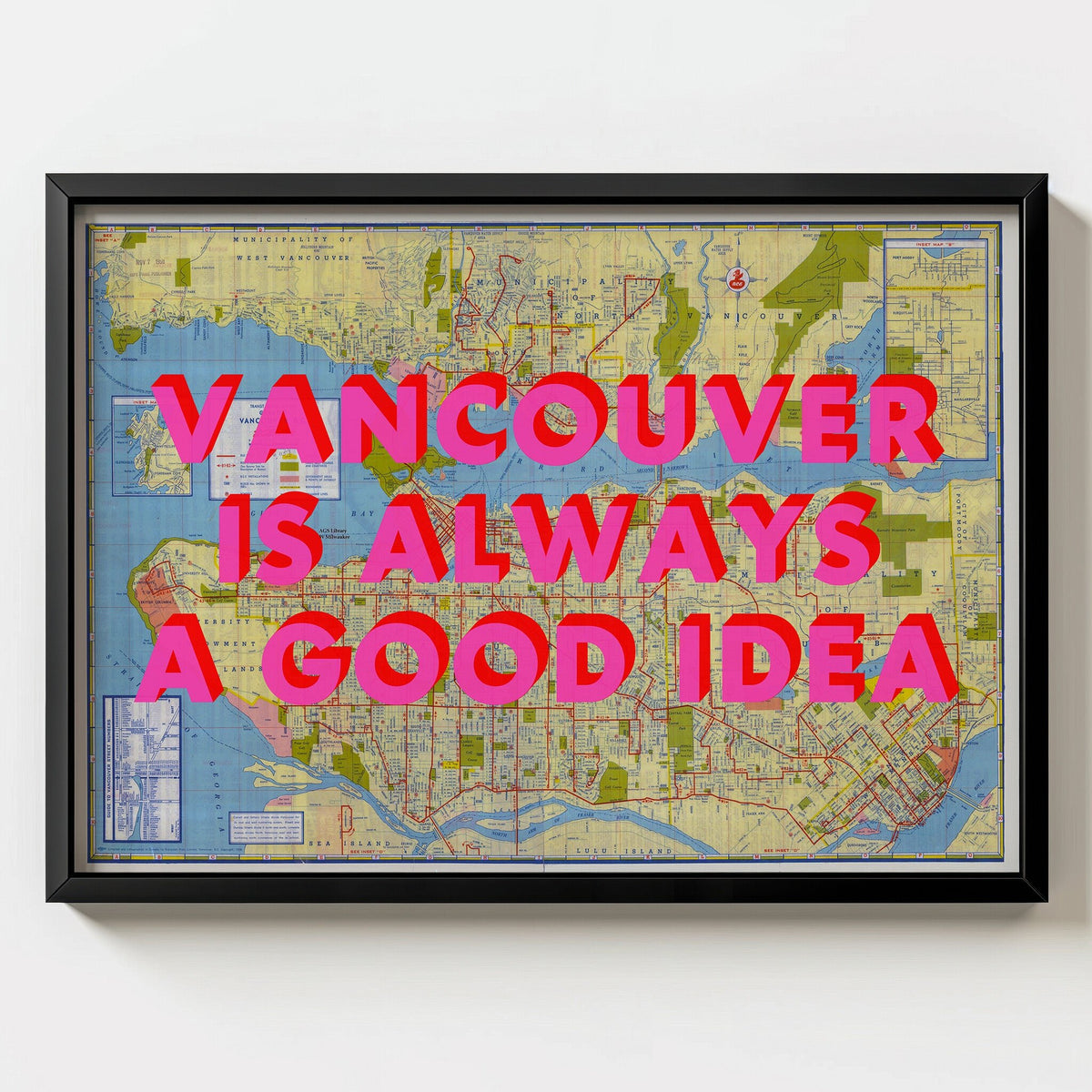 Vancouver Retro Pop Art Map Print (landscape) - black frame mockup - Magic Posters