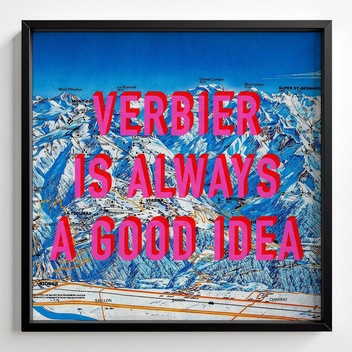 Verbier Retro Pop Art Ski Map Print (Square) - black frame mockup - Magic Posters