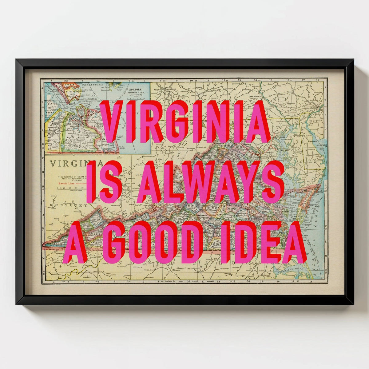 Virginia Retro Pop Art Map Print (landscape) - black frame mockup - Magic Posters