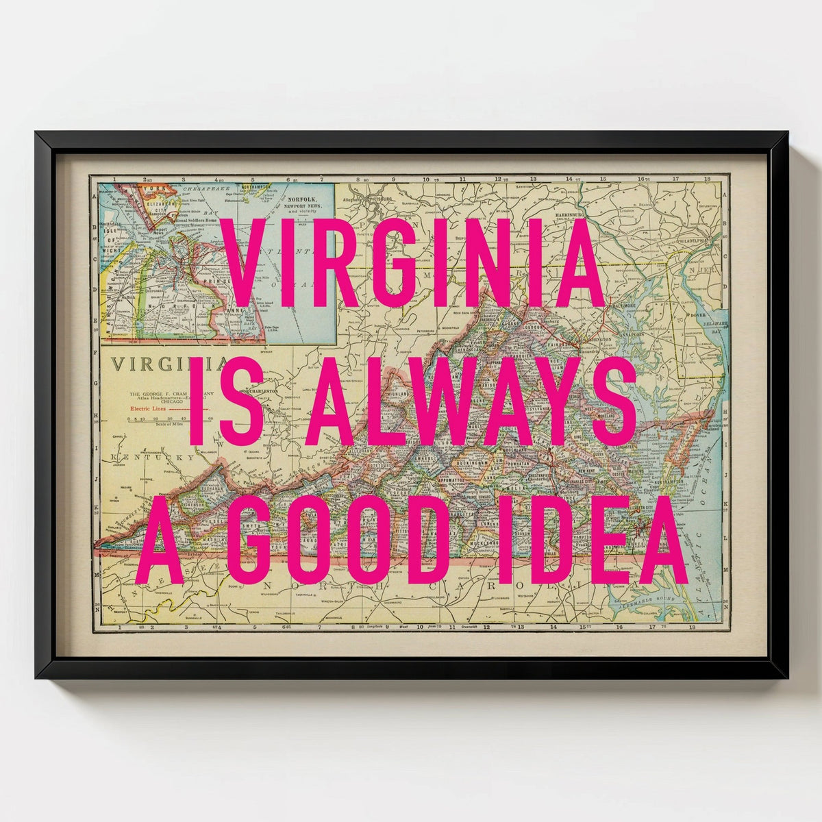 Virginia Retro Pop Art Map Print (landscape) - black frame mockup - Magic Posters