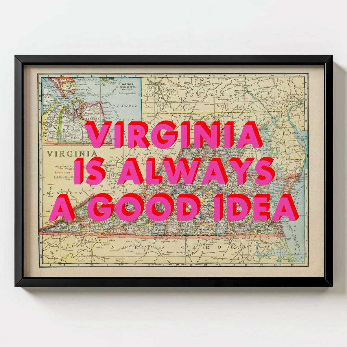 Virginia Retro Pop Art Map Print (landscape) - black frame mockup - Magic Posters
