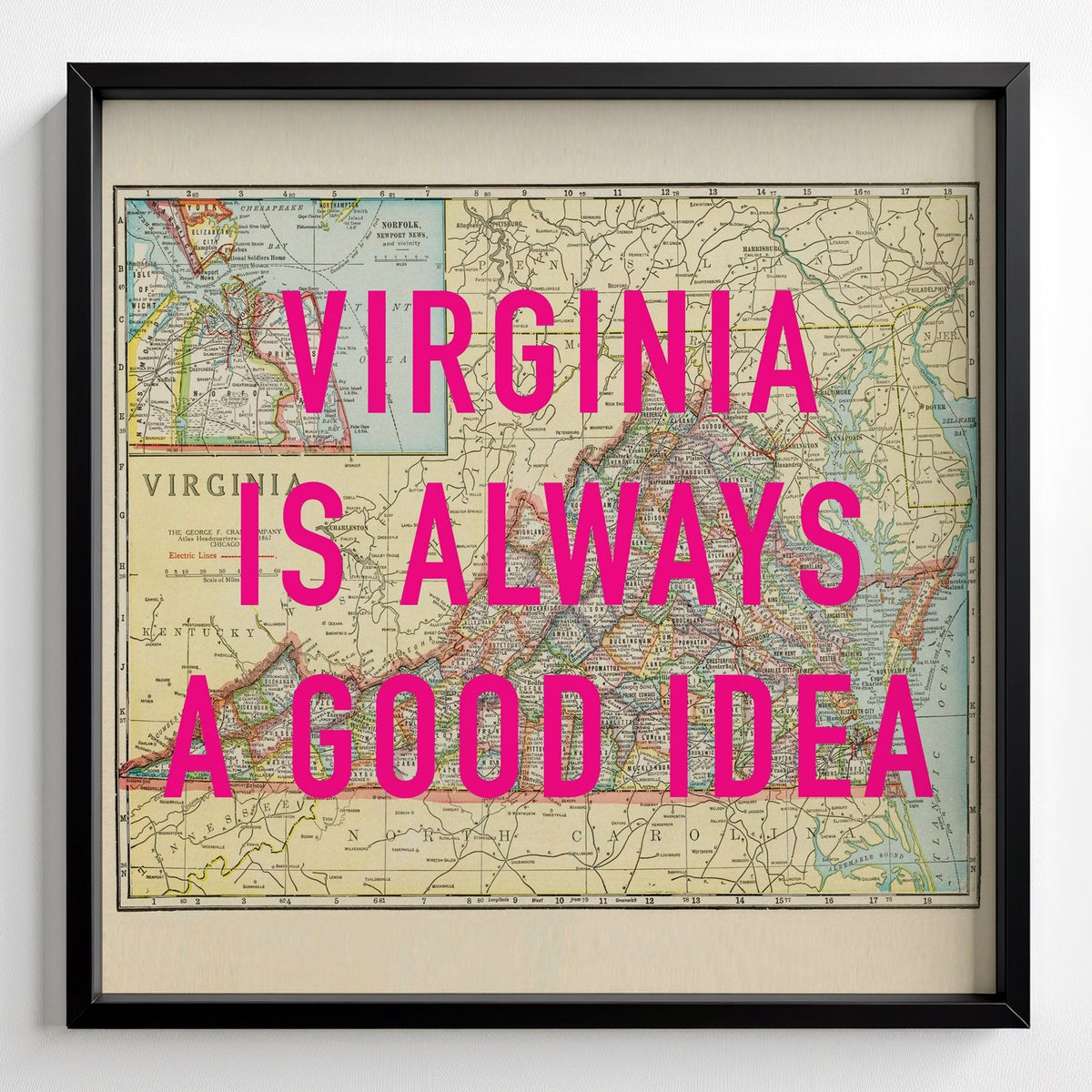 Virginia Retro Pop Art Map Print (Square) - black frame mockup - Magic Posters