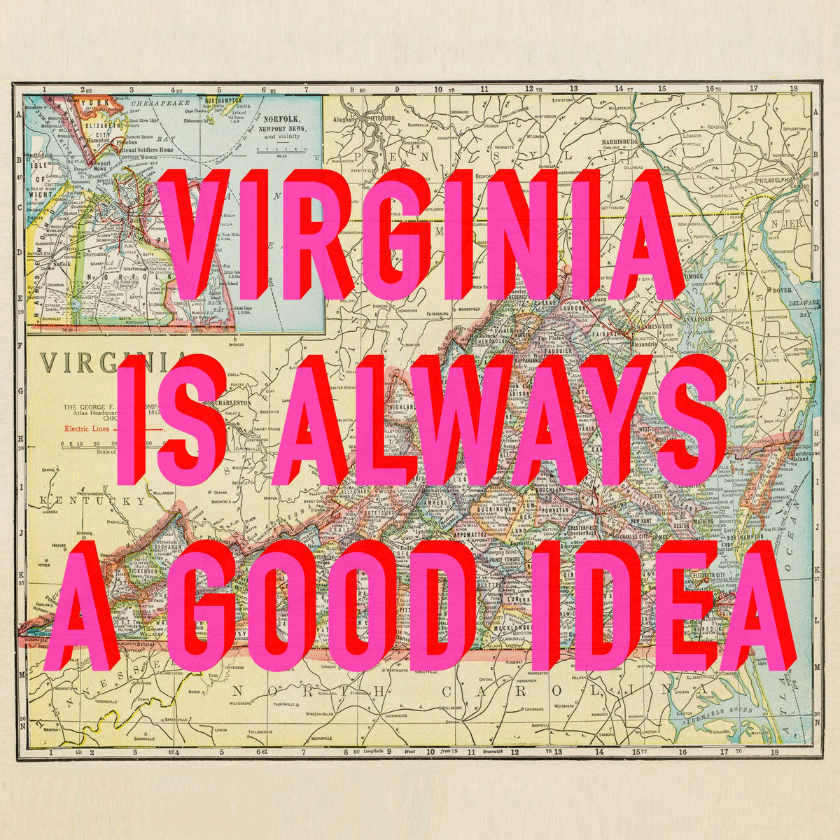 Virginia Retro Pop Art Map Print (Square)