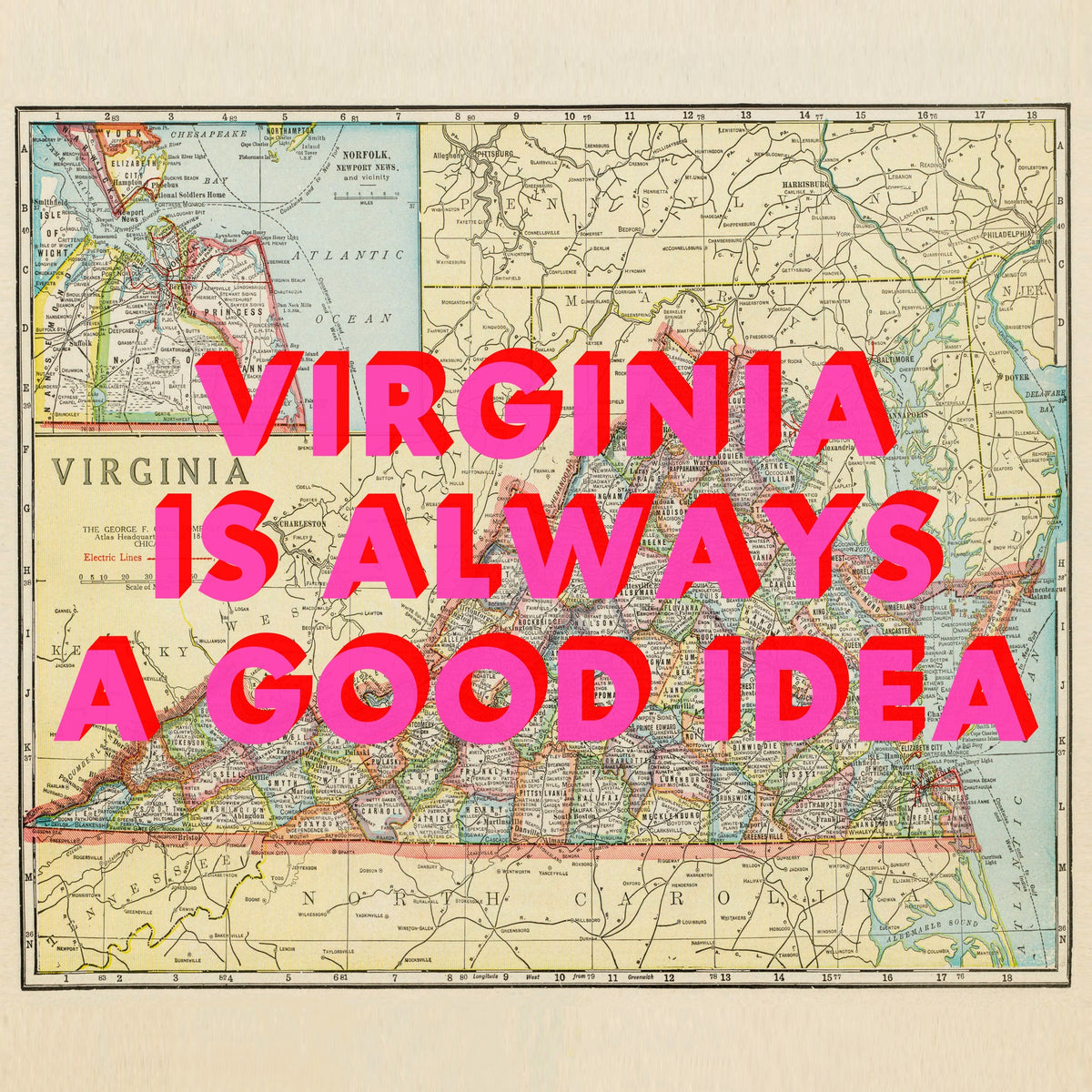 Virginia Retro Pop Art Map Print (Square)