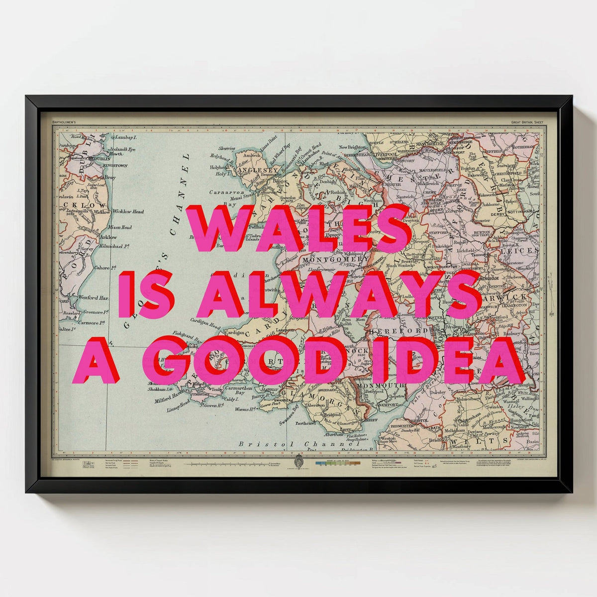 Wales Retro Pop Art Map Print - black frame mockup - Magic Posters
