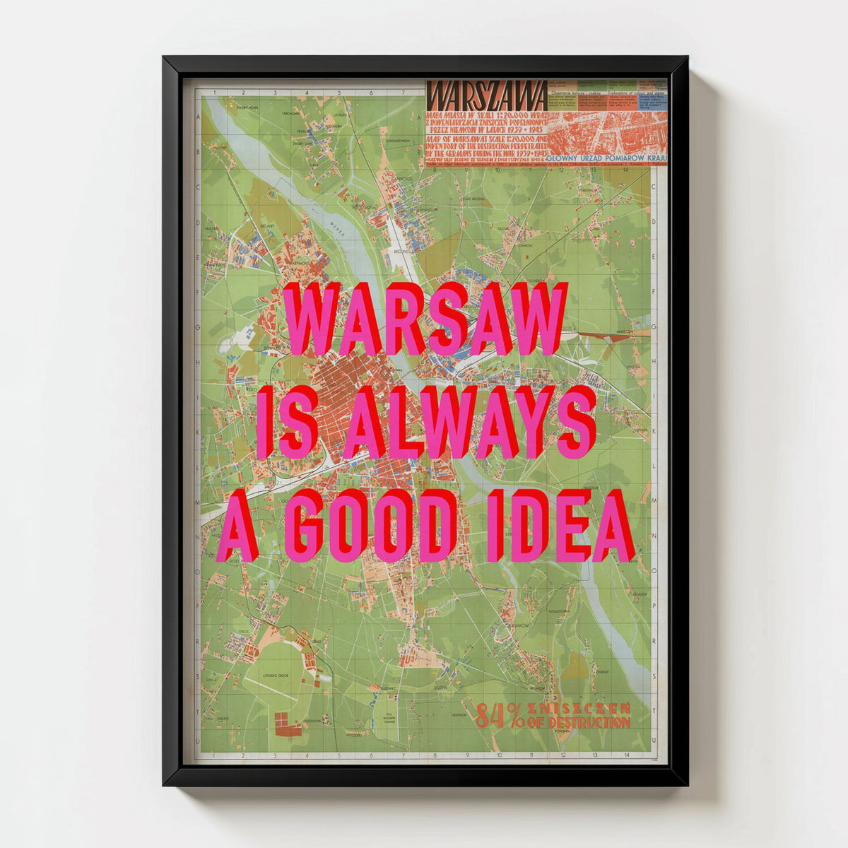 Warsaw Retro Pop Art Map Print (portrait) - black frame mockup - Magic Posters Bold