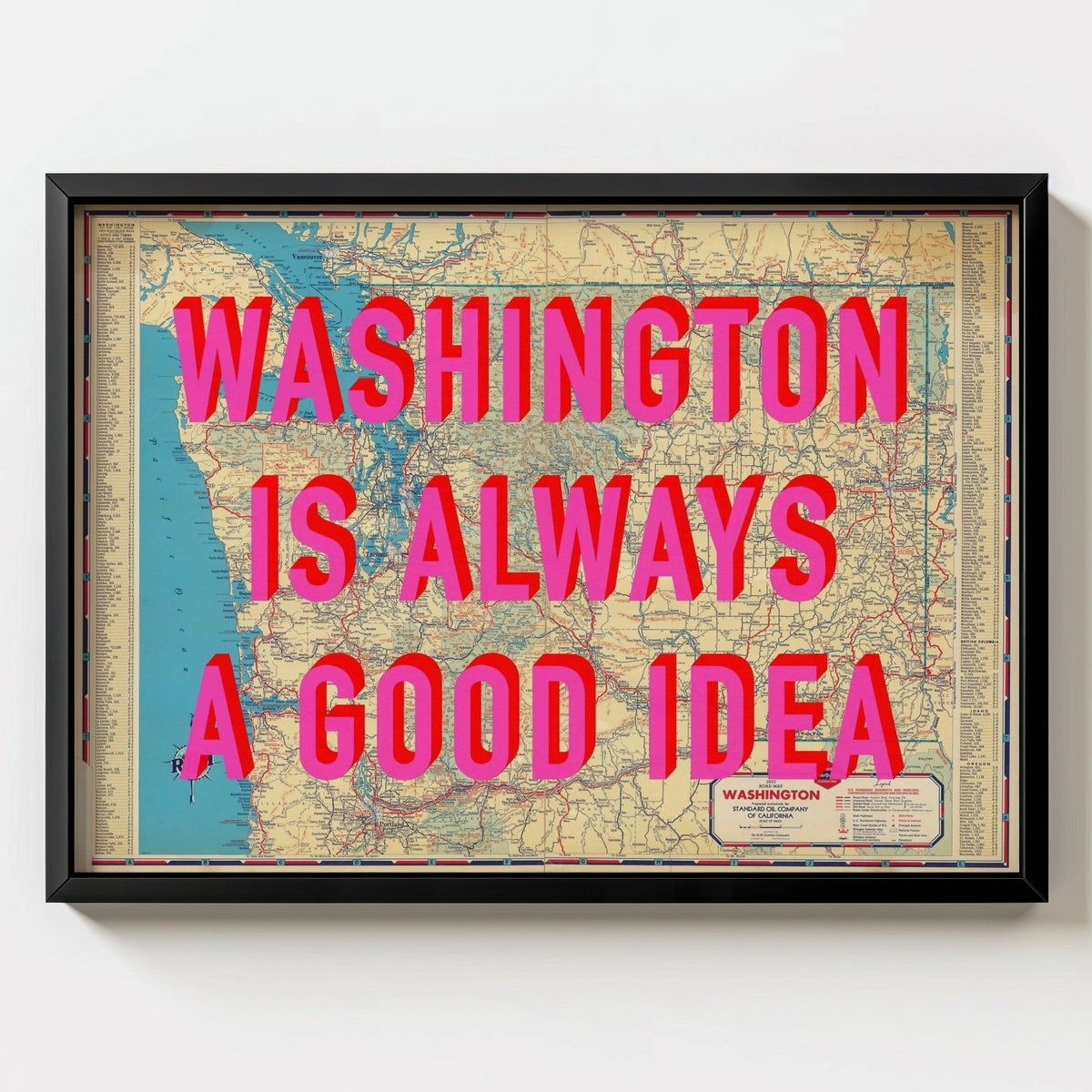 Washington Retro Pop Art Map Print - black frame mockup - Magic Posters