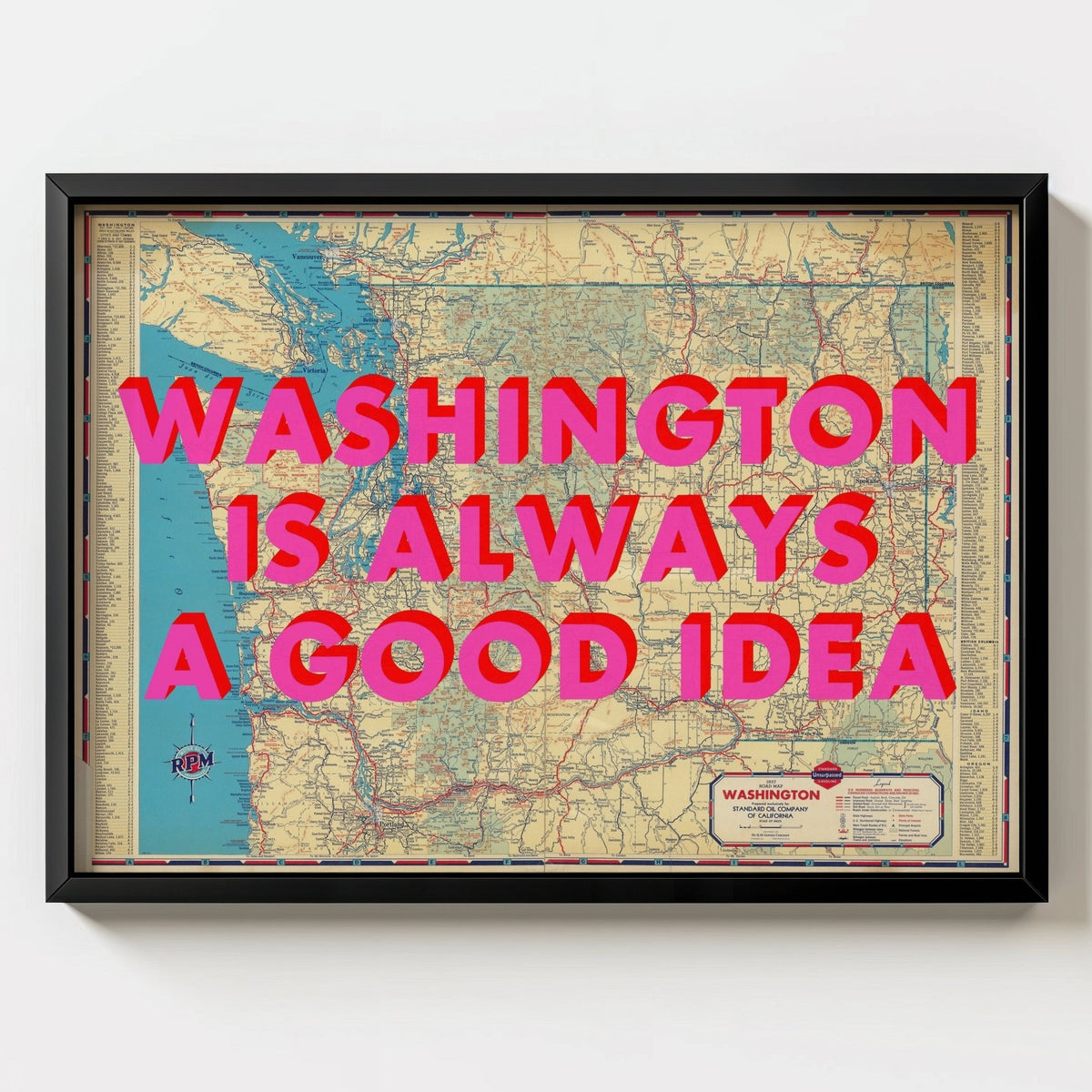 Washington Retro Pop Art Map Print - black frame mockup - Magic Posters