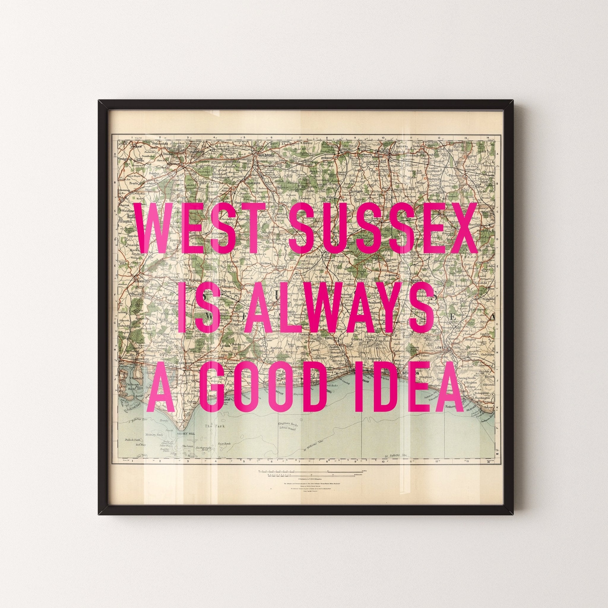 West Sussex Retro Pop Art Map Print (Square) - Magic Posters