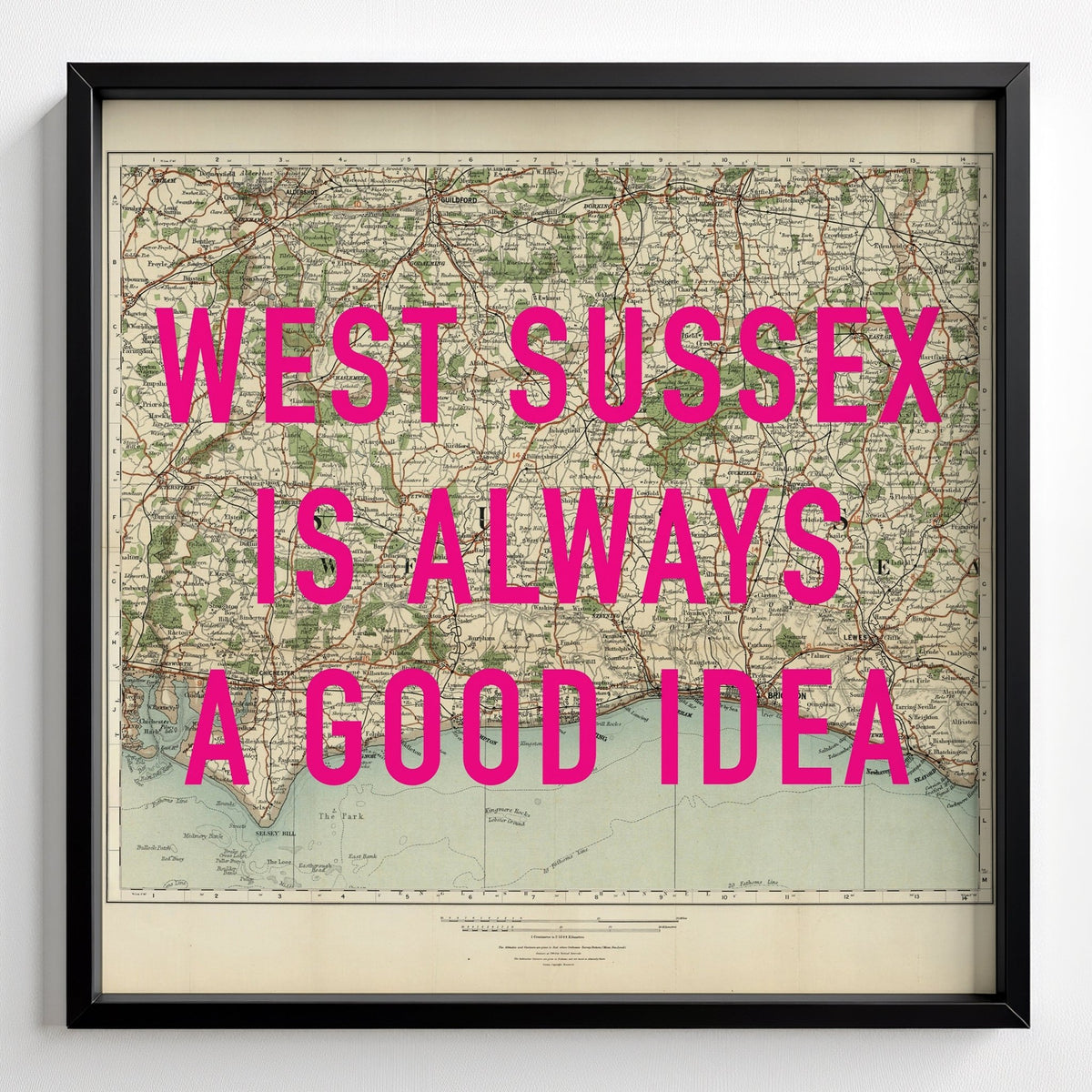 West Sussex Retro Pop Art Map Print (Square) - black frame mockup - Magic Posters