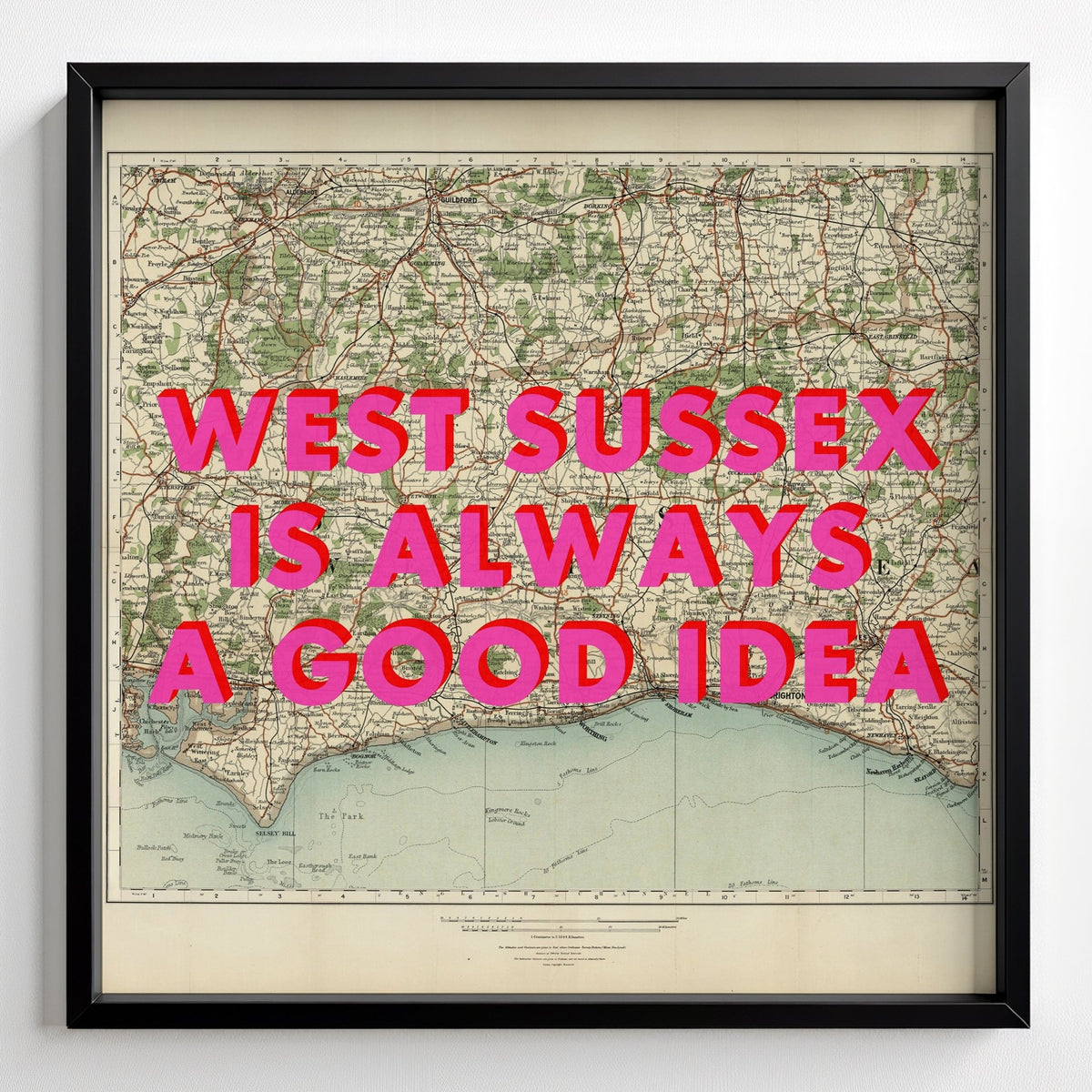 West Sussex Retro Pop Art Map Print (Square) - black frame mockup - Magic Posters