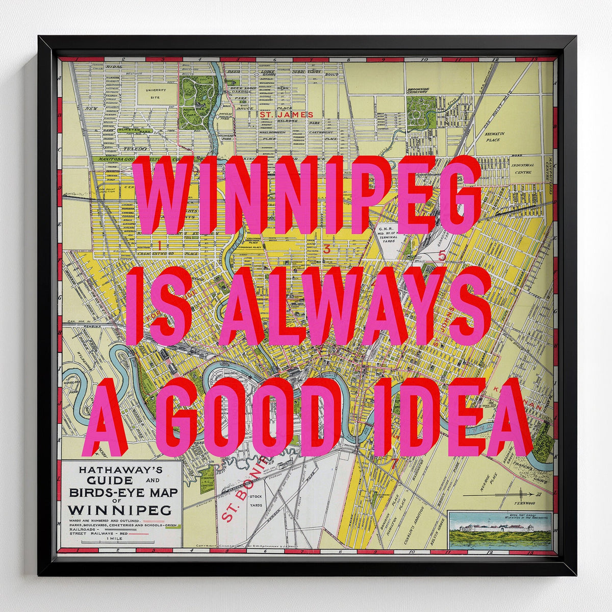 Winnipeg Retro Pop Art Map Print (square) - black frame mockup - Magic Posters Bold
