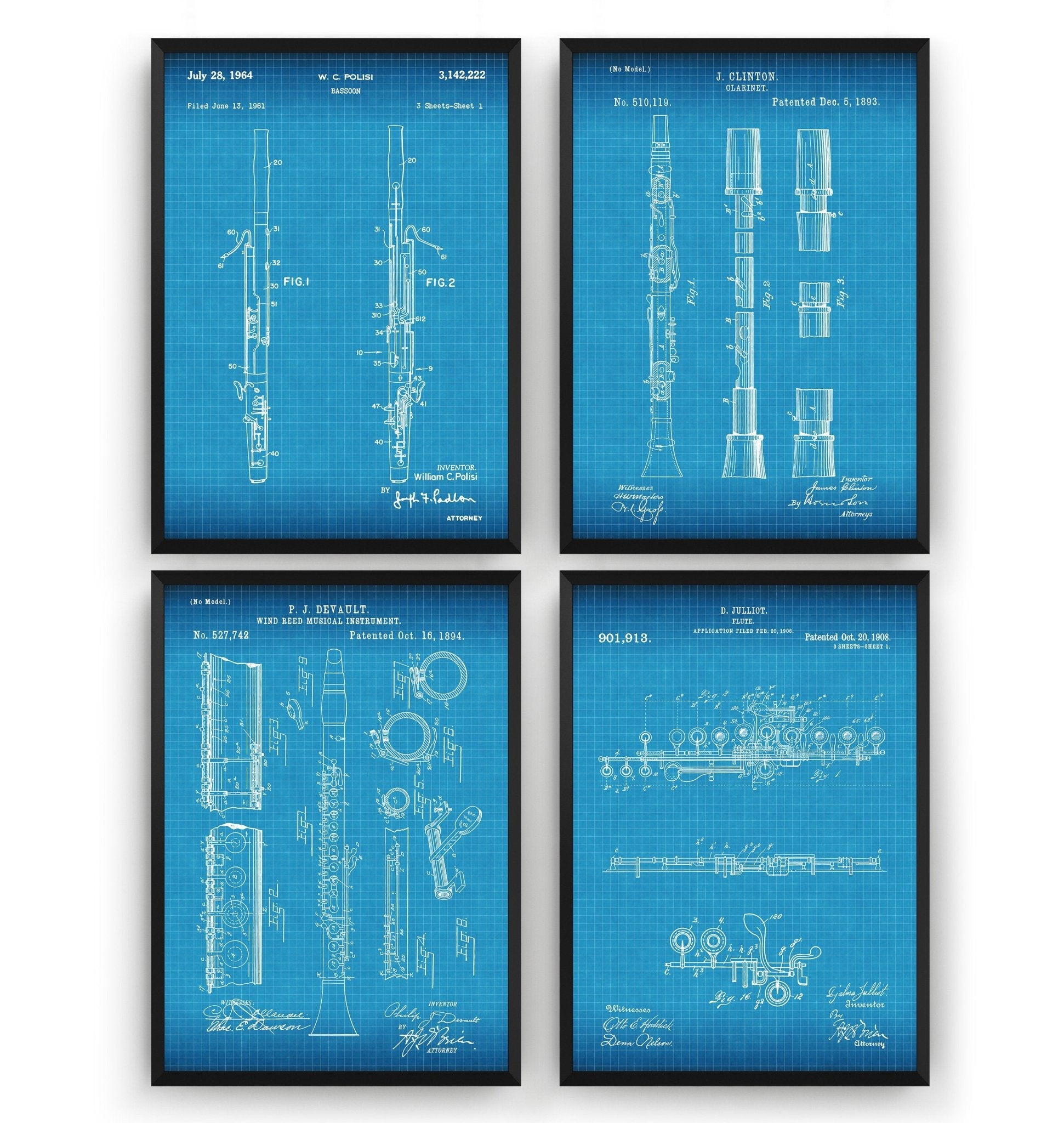 Woodwind Instrument Set Of 4 Patent Prints - Magic Posters