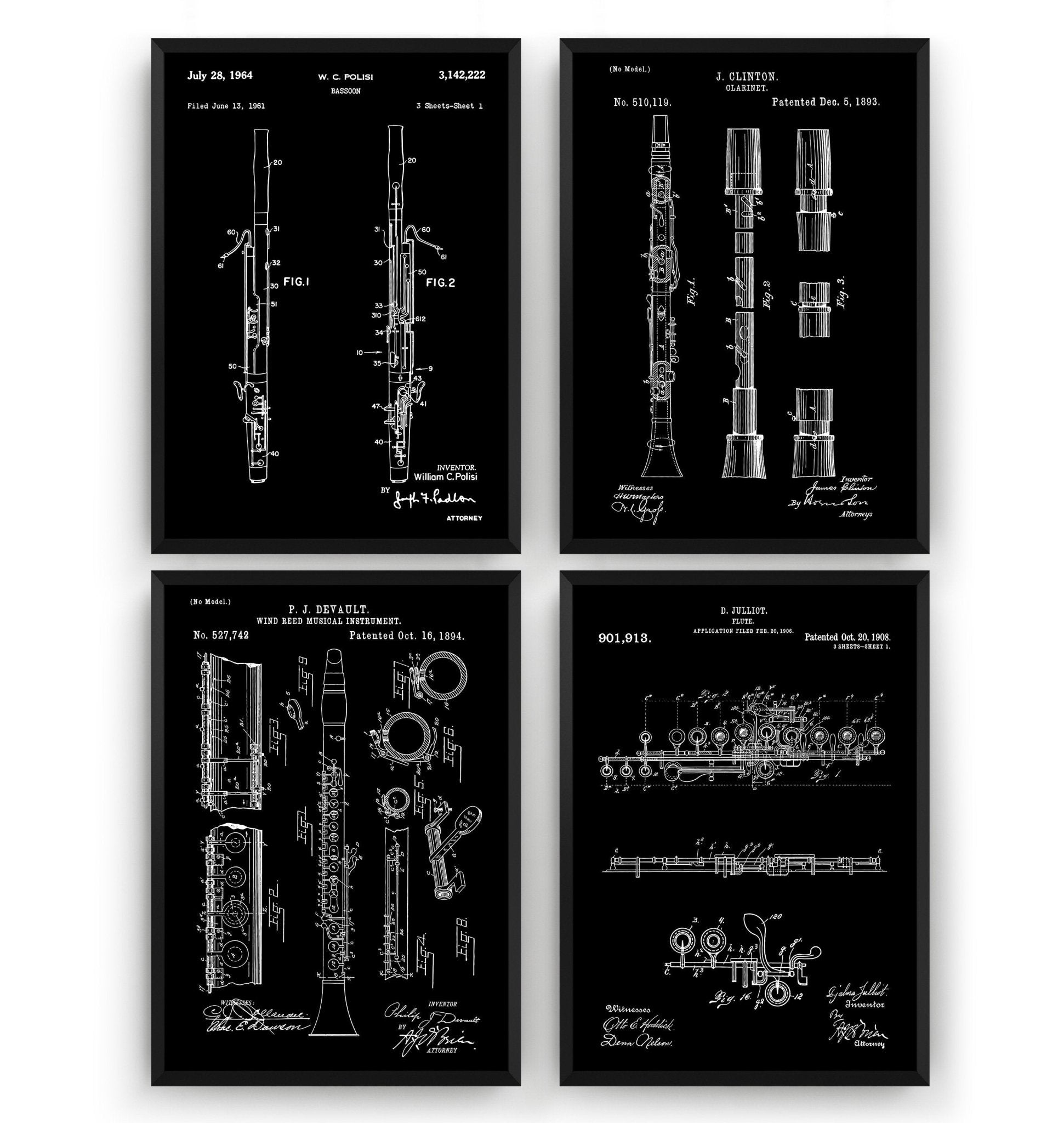 Woodwind Instrument Set Of 4 Patent Prints - Magic Posters