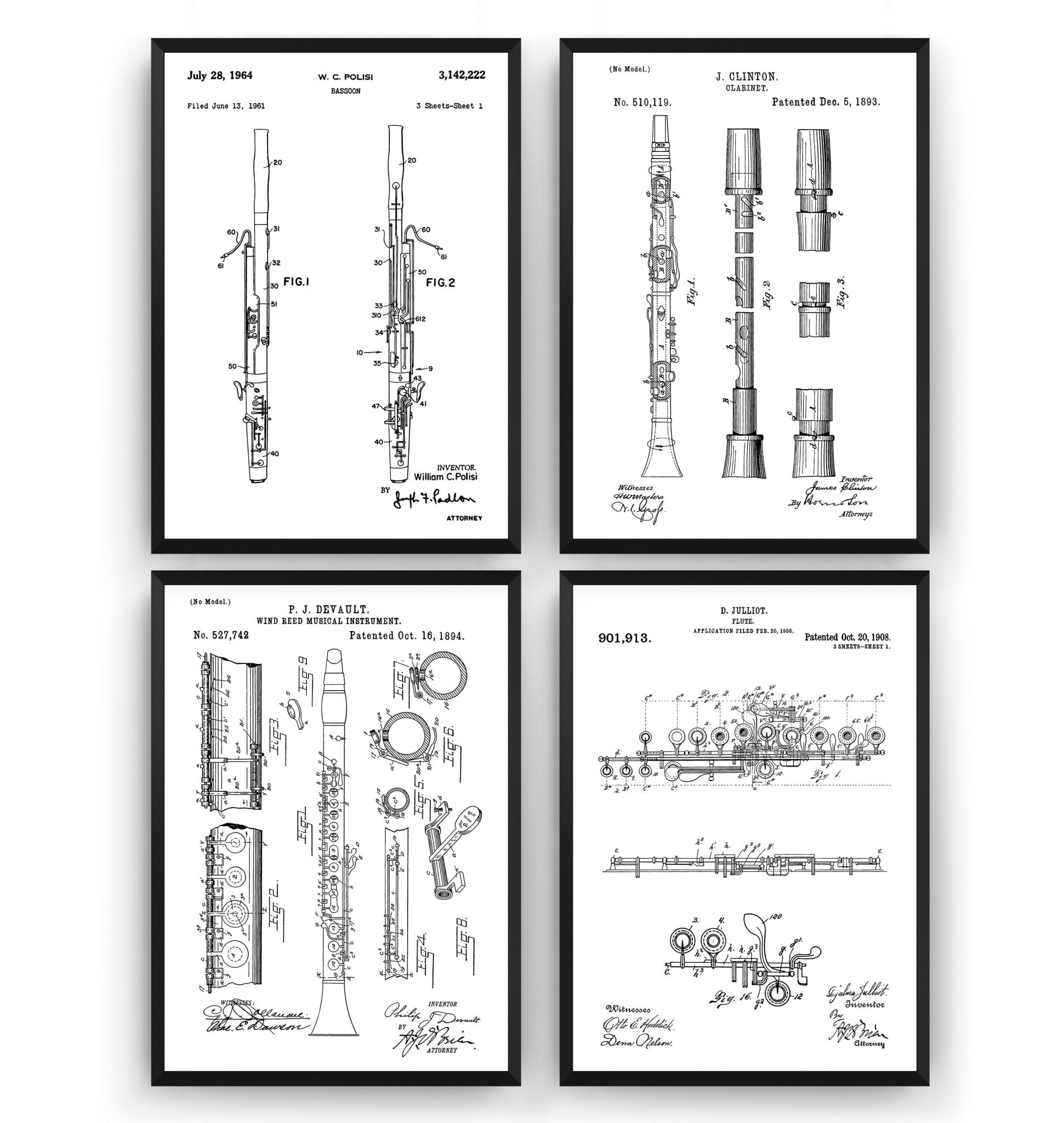 Woodwind Instrument Set Of 4 Patent Prints - Magic Posters