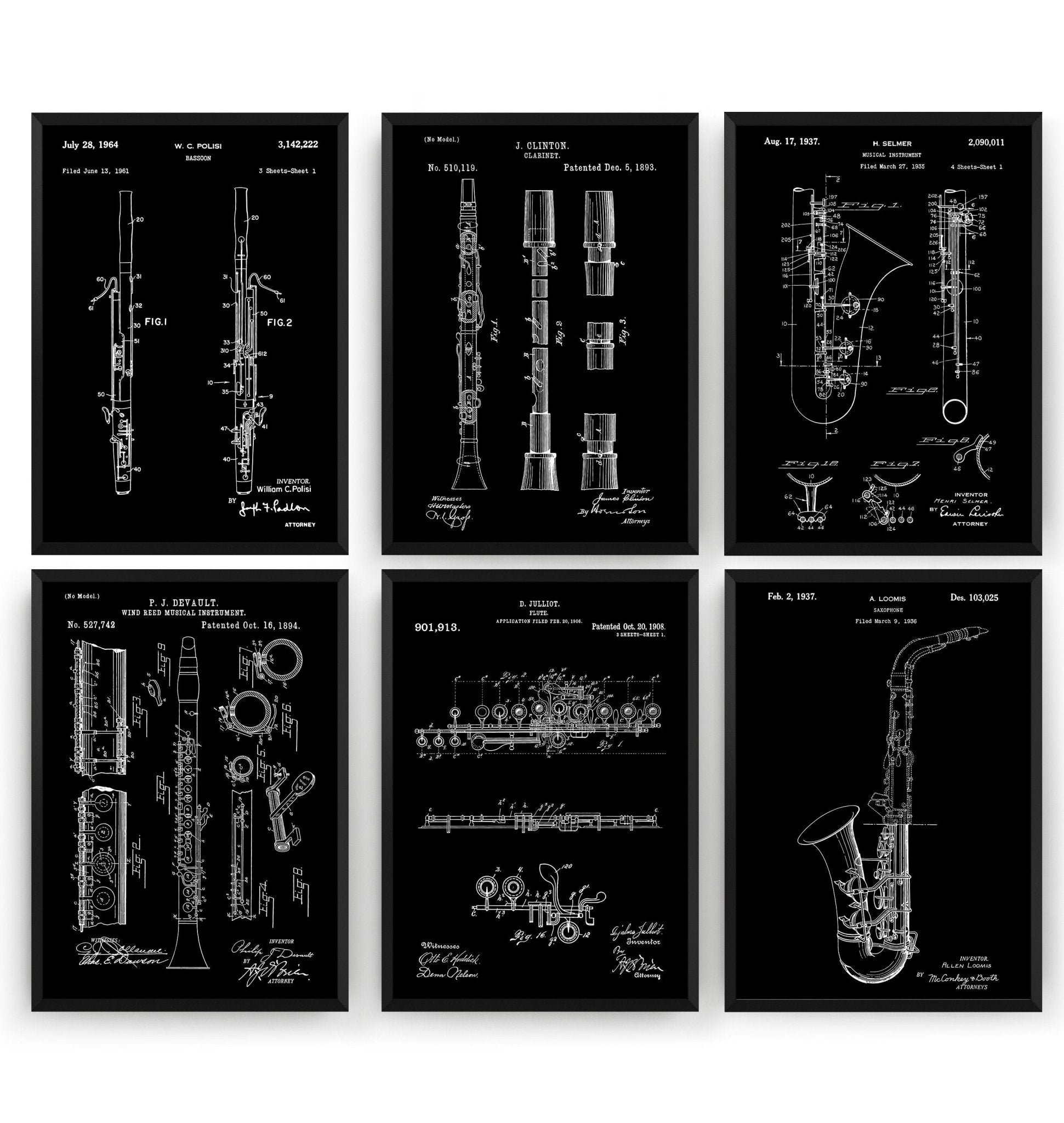 Woodwind Instrument Set Of 6 Patent Prints - Magic Posters