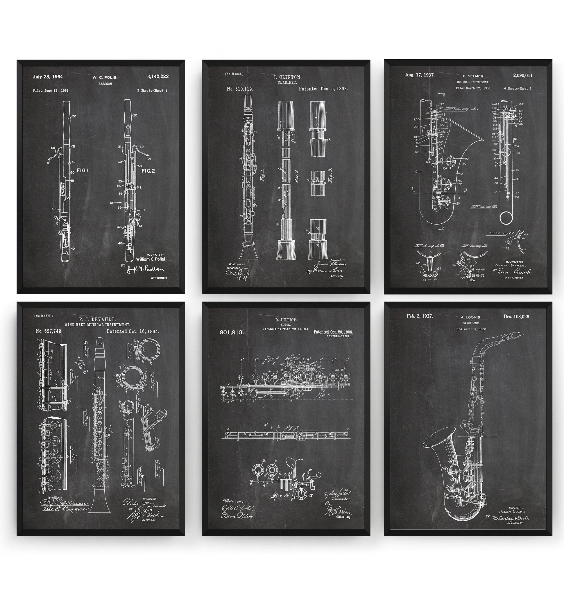 Woodwind Instrument Set Of 6 Patent Prints - Magic Posters