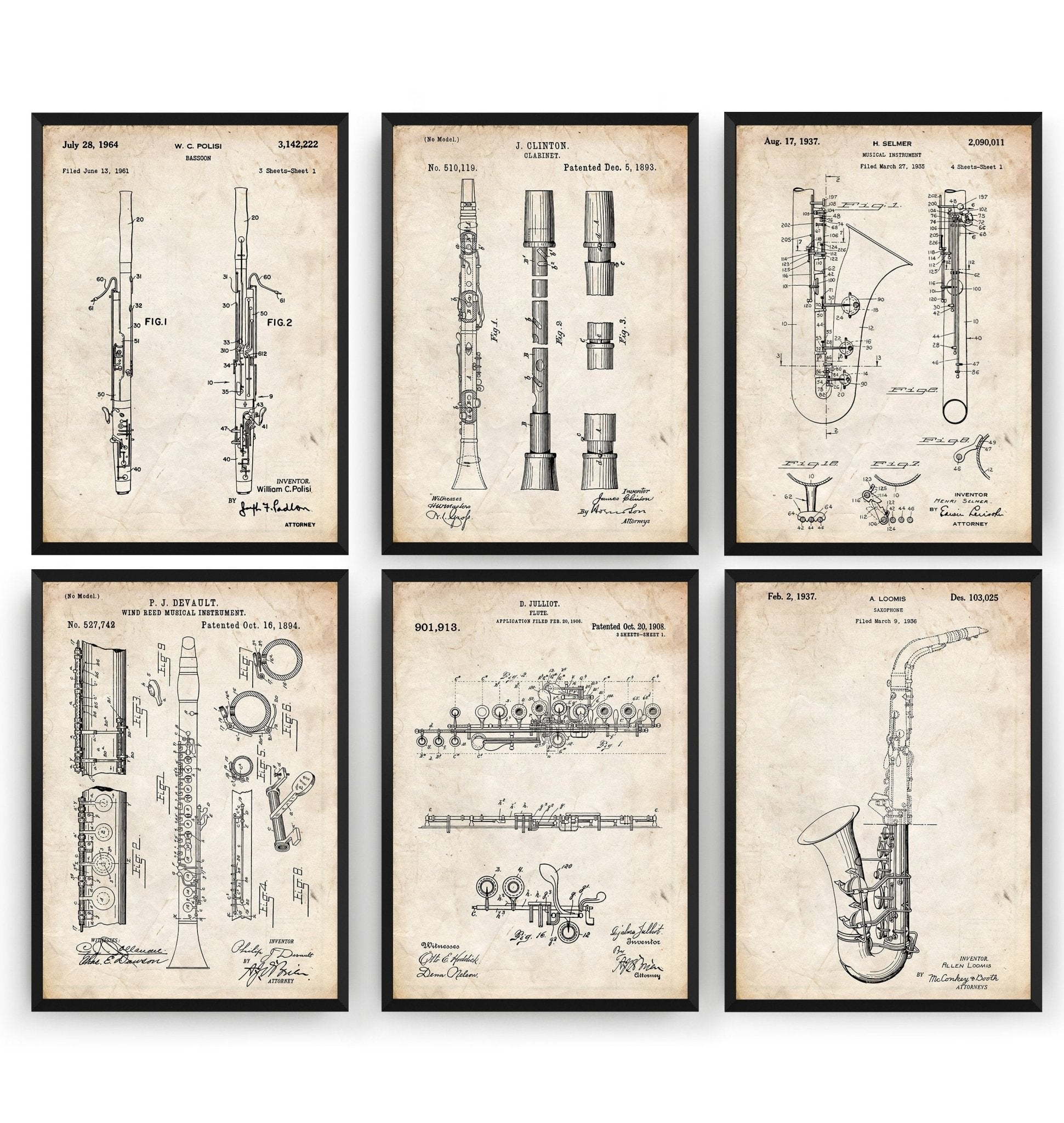 Woodwind Instrument Set Of 6 Patent Prints - Magic Posters