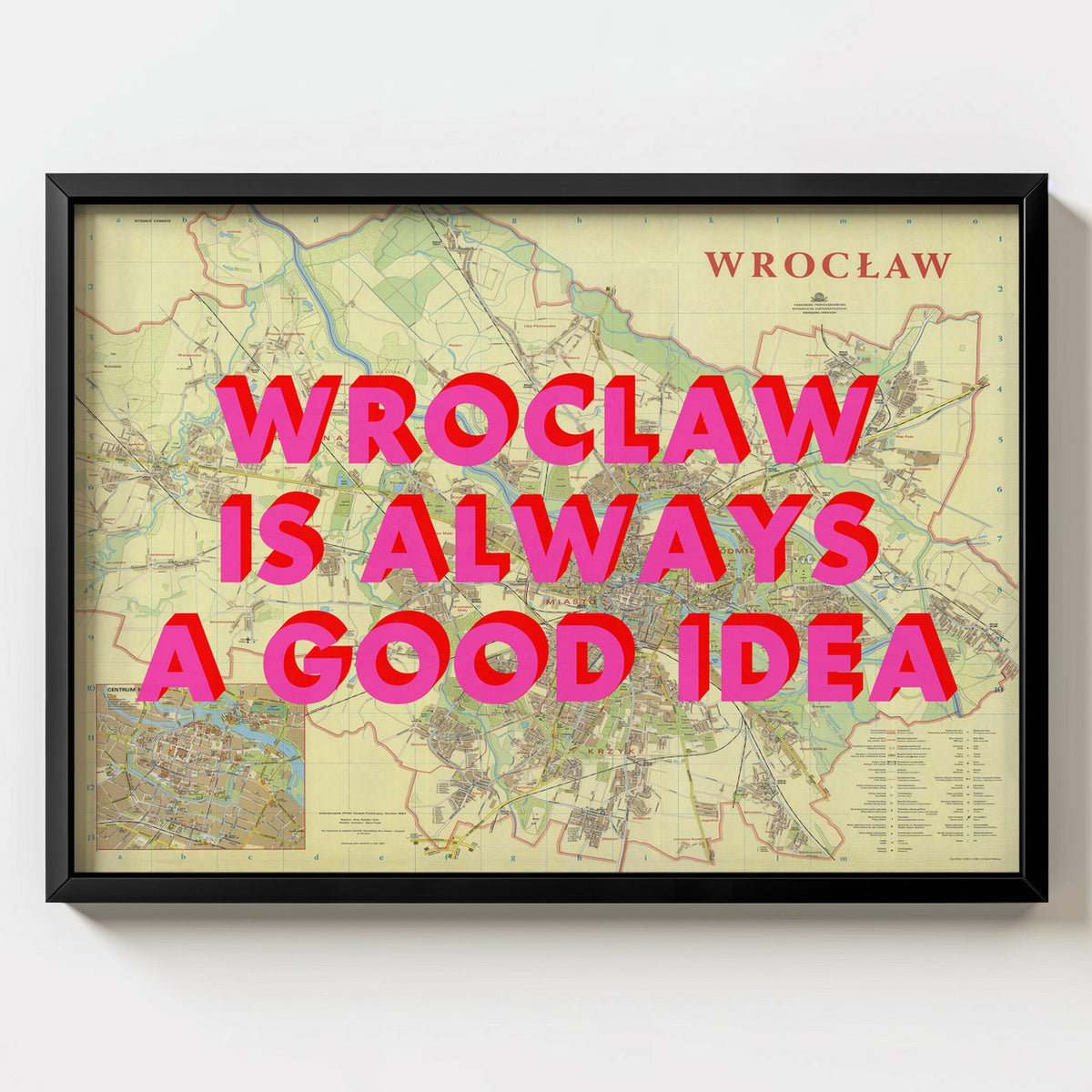 Wrocław Retro Pop Art Map Print (landscape) - black frame mockup - Magic Posters