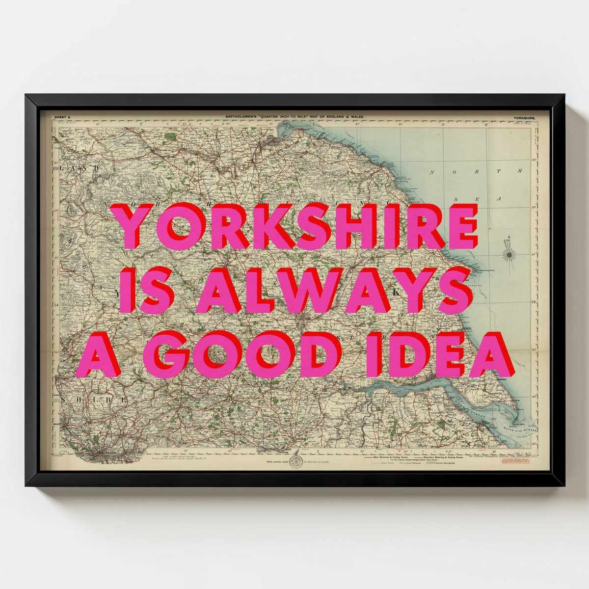 Yorkshire Retro Pop Art Map Print - black frame mockup - Magic Posters