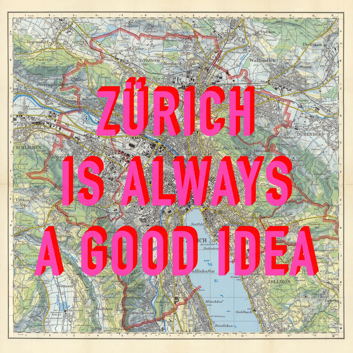Zürich Retro Pop Art Map Print (square) - Magic Posters