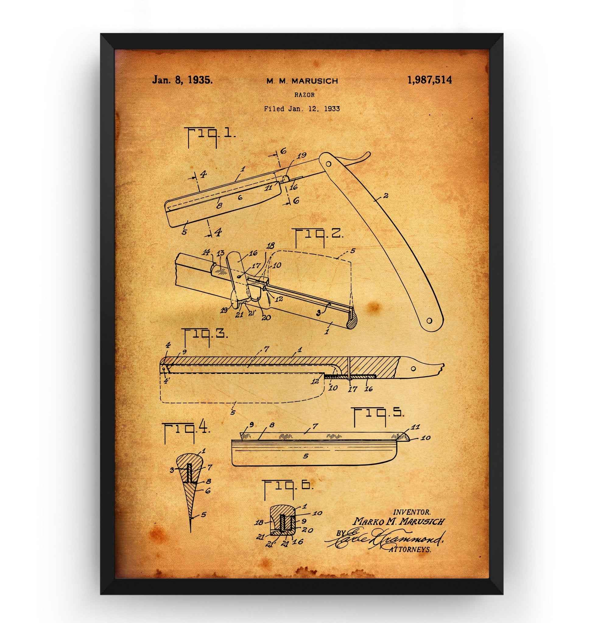 Barbers Razor 1935 Patent Print - Magic Posters