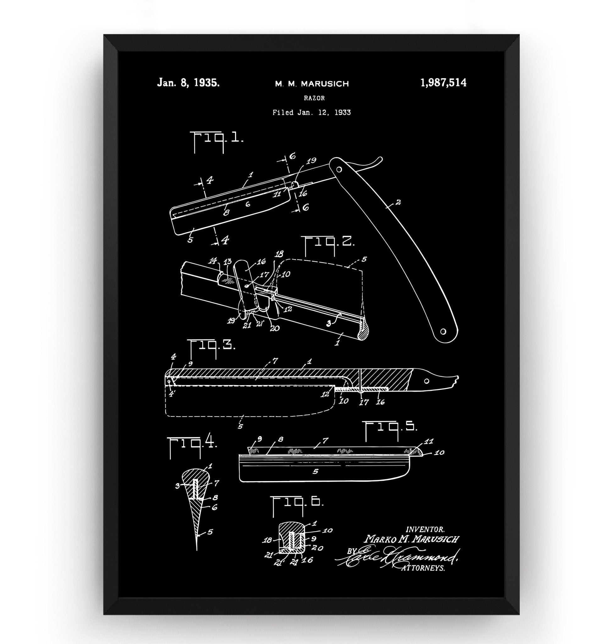 Barbers Razor 1935 Patent Print - Magic Posters
