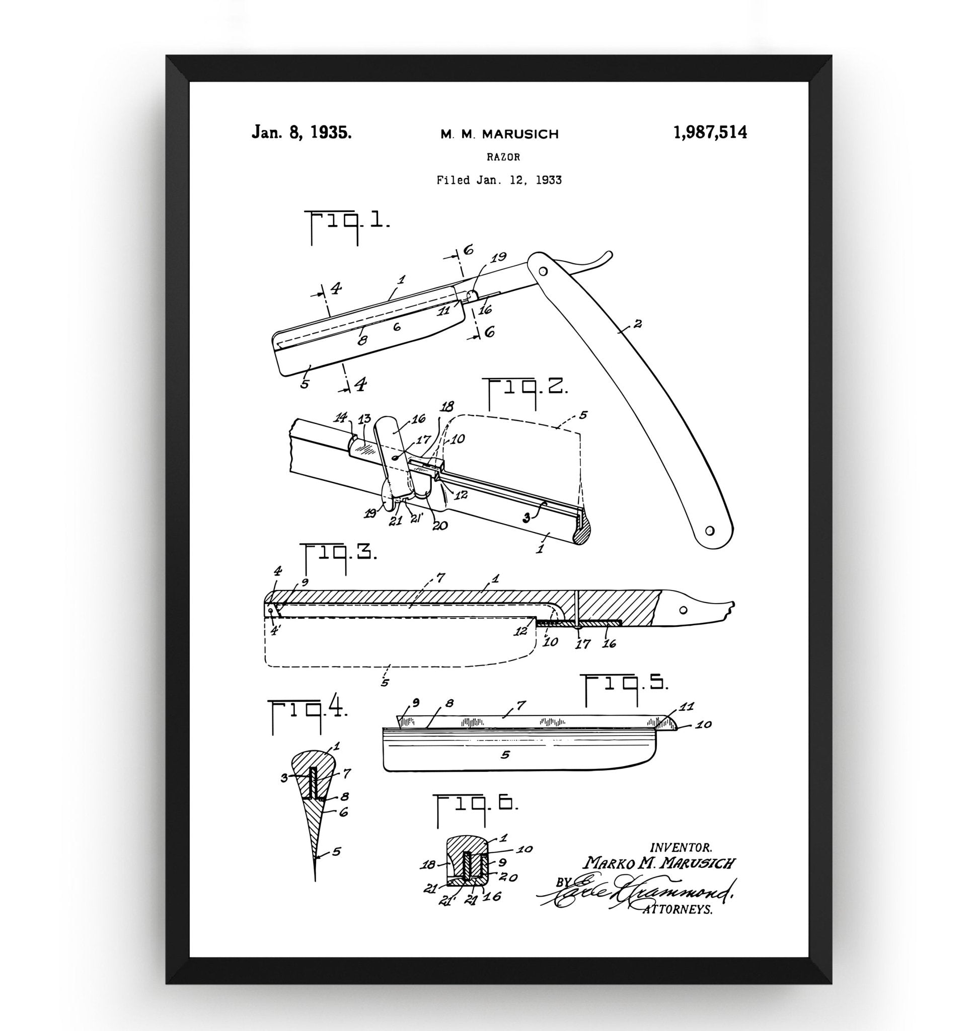 Barbers Razor 1935 Patent Print - Magic Posters