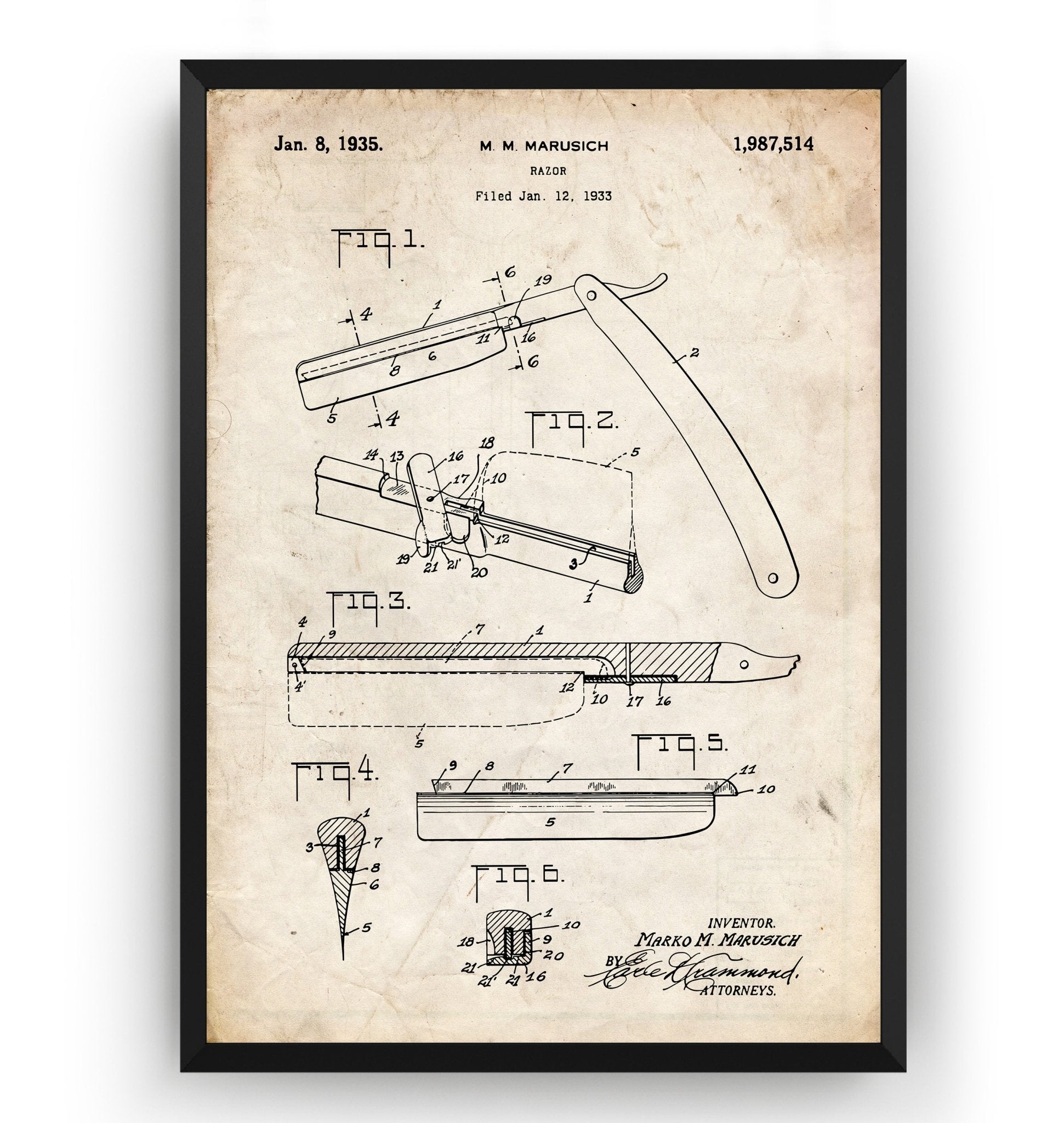Barbers Razor 1935 Patent Print - Magic Posters