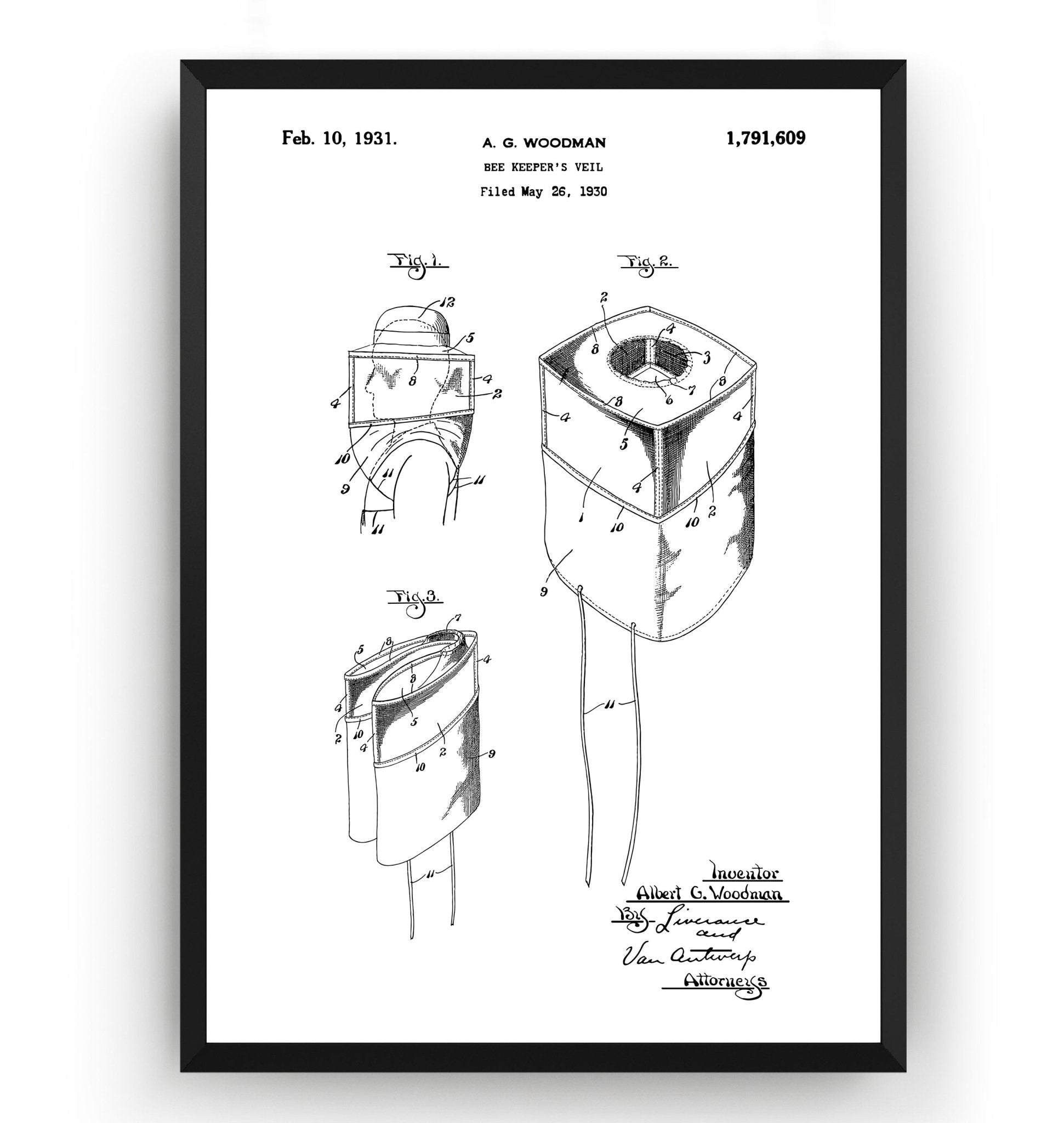 Beekeeper Veil 1931 Patent Print - Magic Posters