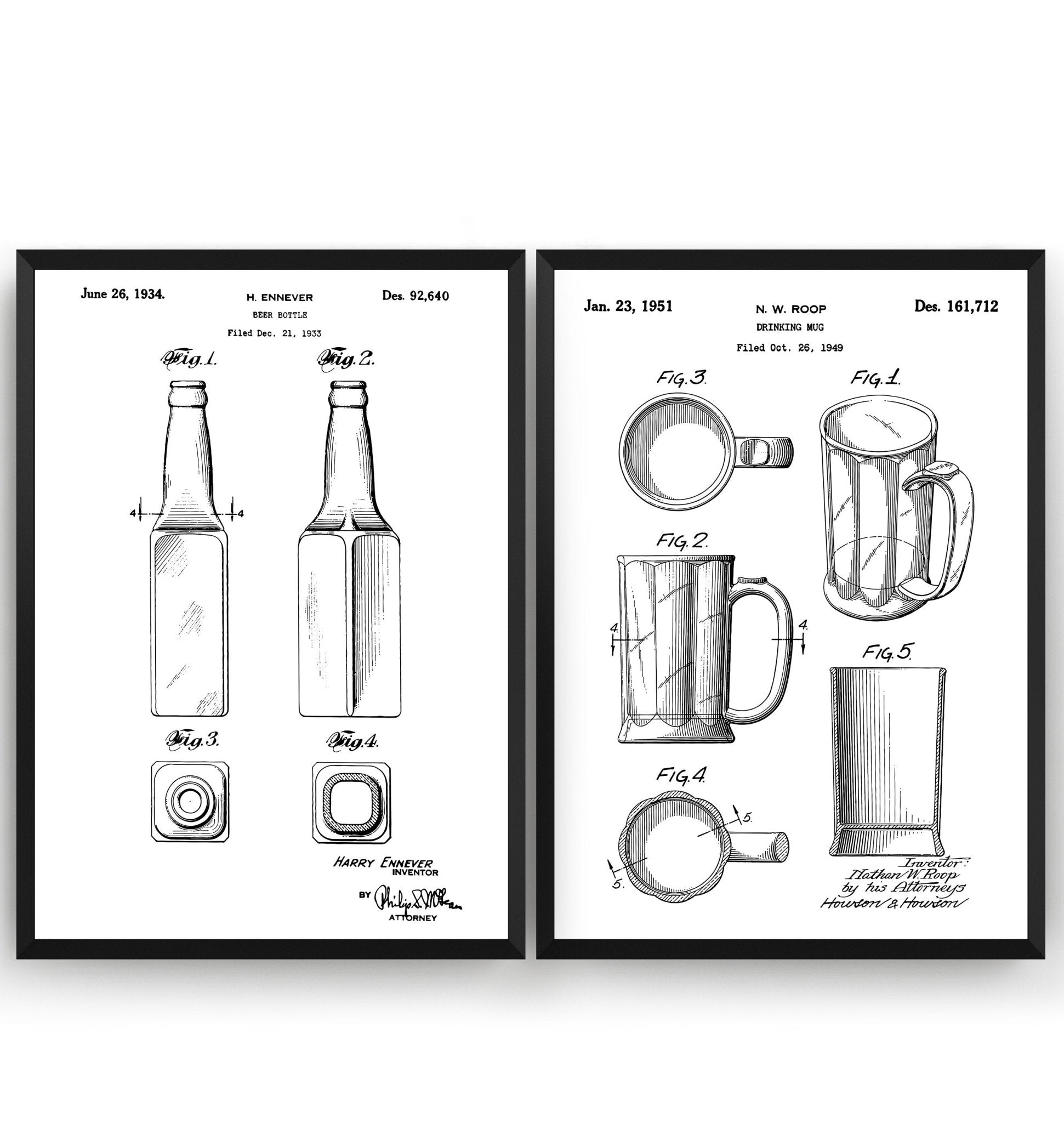 Beer Mug And Bottle Set Of 2 Patent Prints - Magic Posters