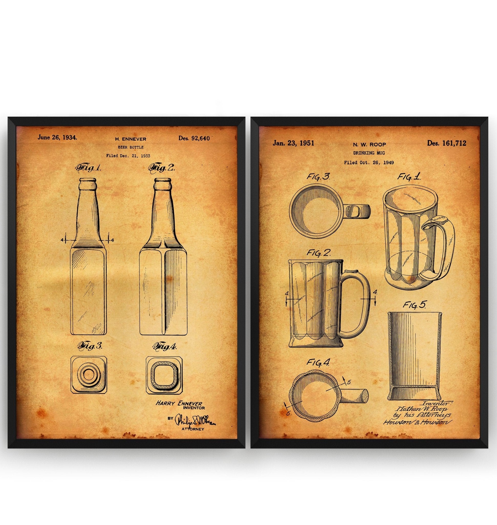 Beer Mug And Bottle Set Of 2 Patent Prints - Magic Posters