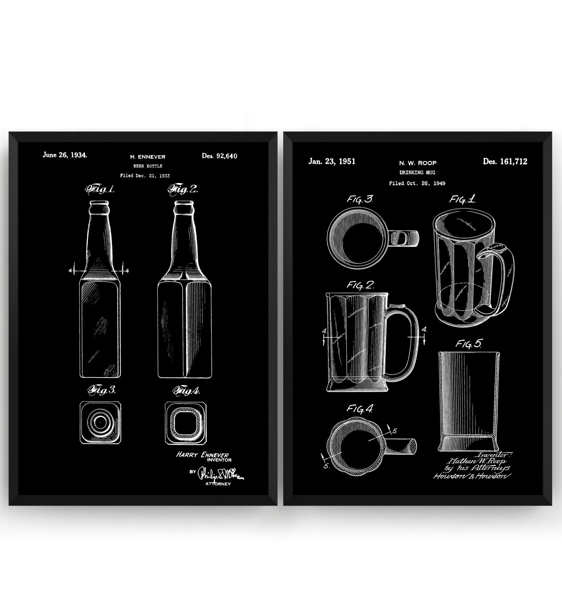 Beer Mug And Bottle Set Of 2 Patent Prints - Magic Posters