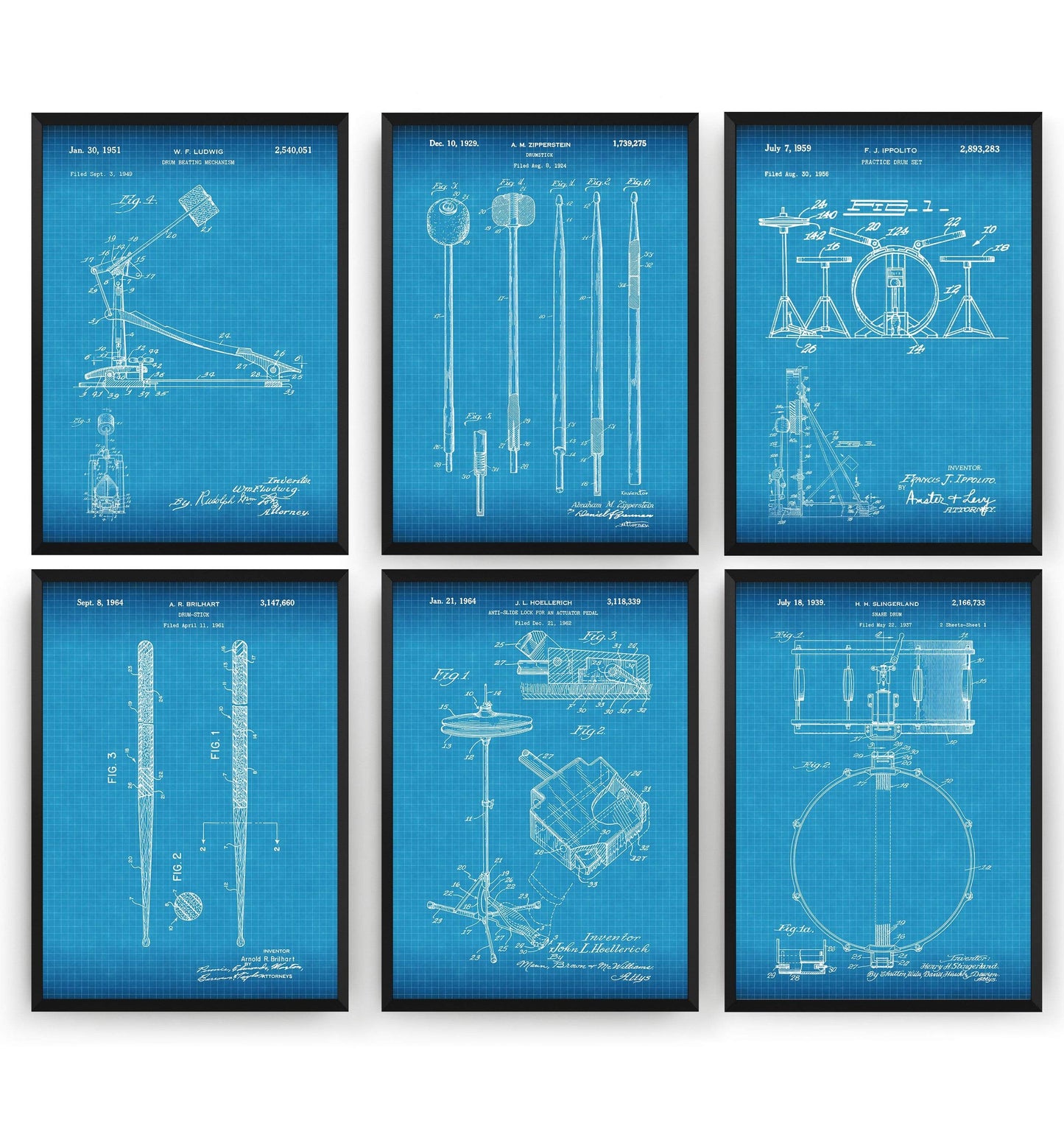 Drummer Set Of 6 Patent Prints - Magic Posters
