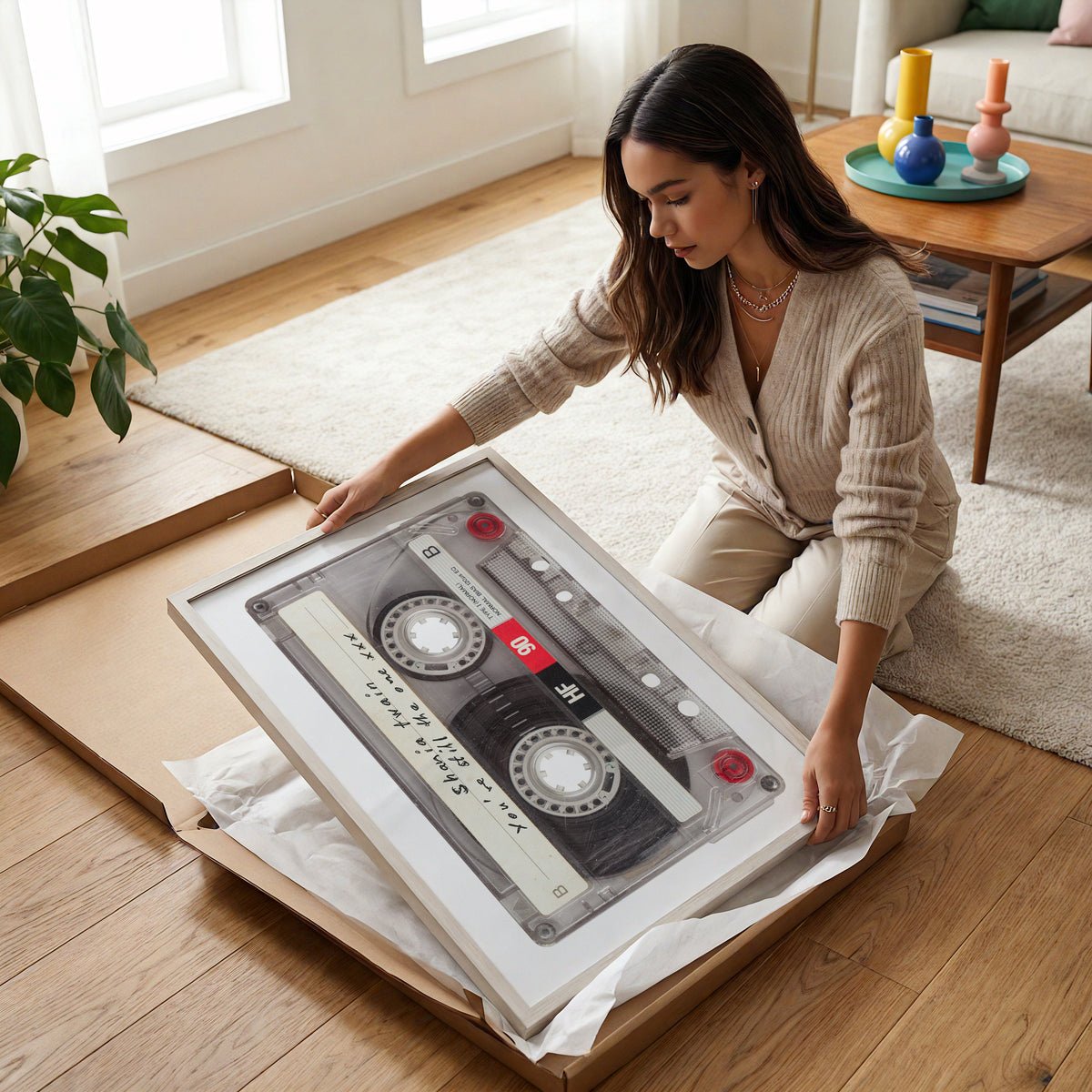 Woman unwrapping a framed retro mixtape cassette print