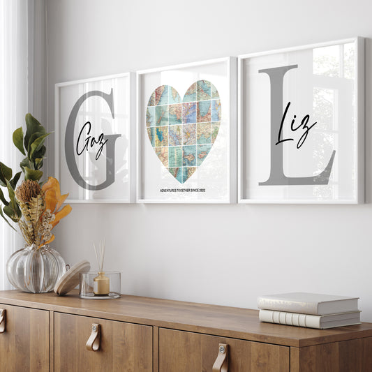 Personalised Travel Map Set Of 3 Prints (Heart)