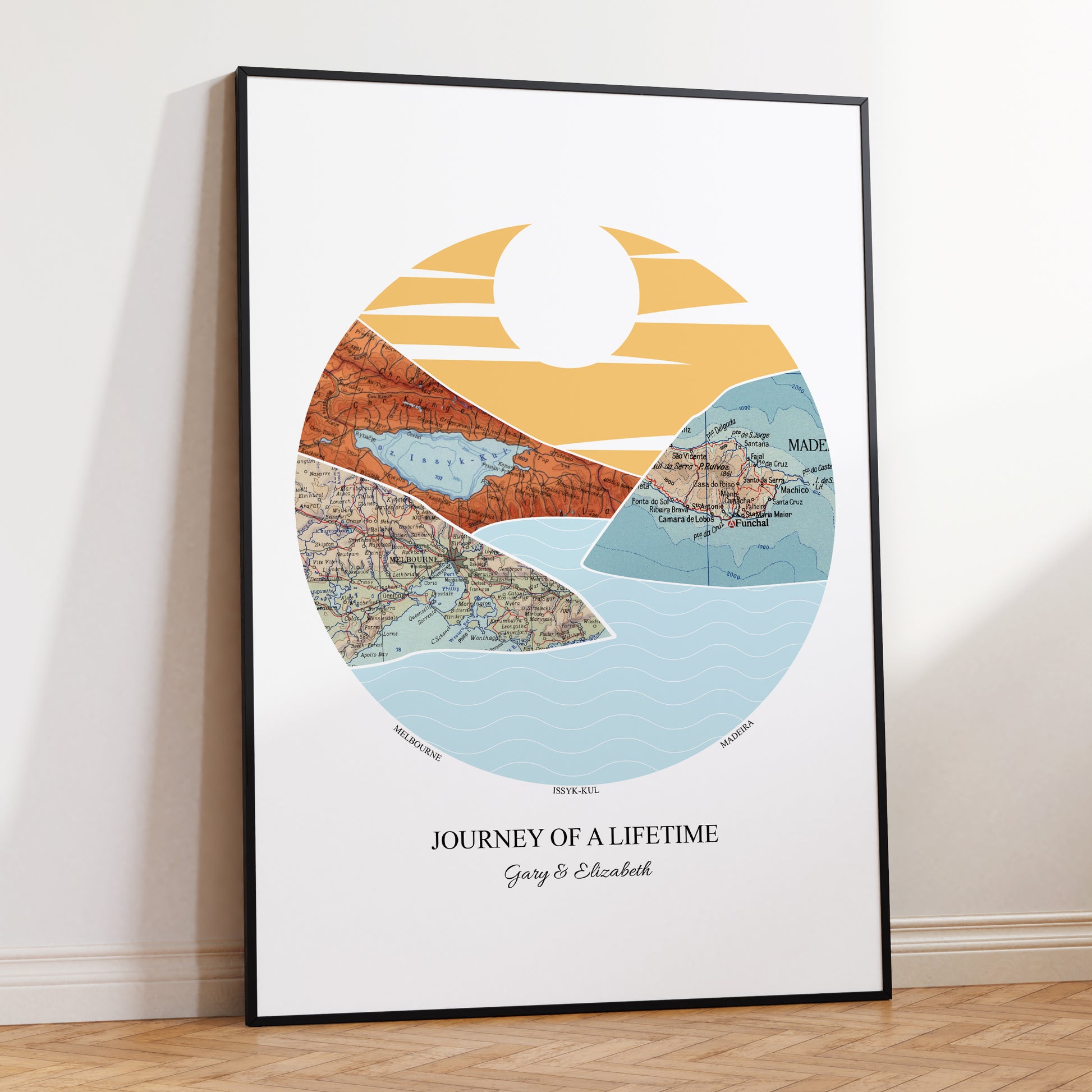 Personalised Travel Map Mountain Print 2 - 6 Locations (Bold) - Magic Posters