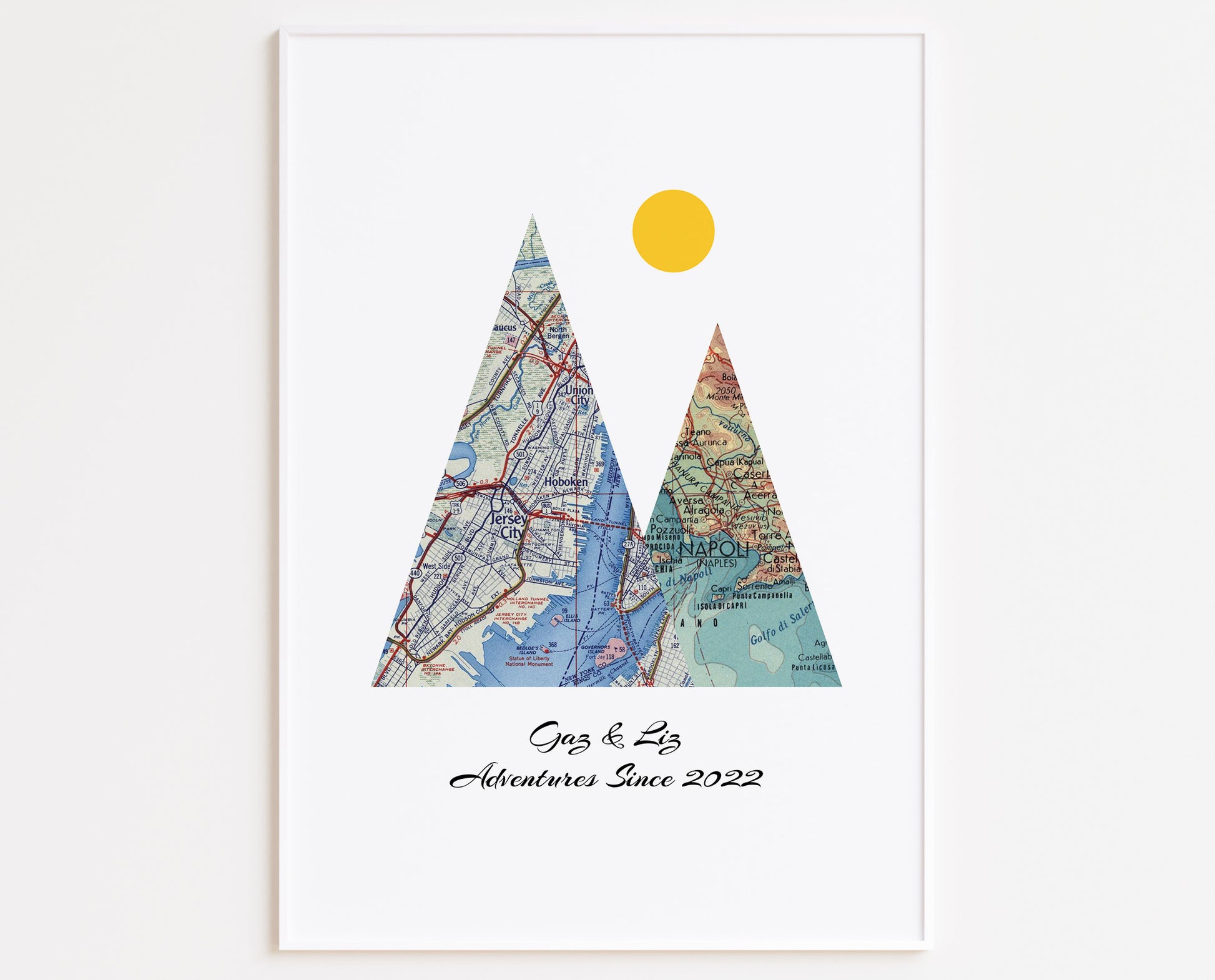 Personalised Travel Map Mountain Print 2 - 6 Locations (White) - Portrait - Magic Posters