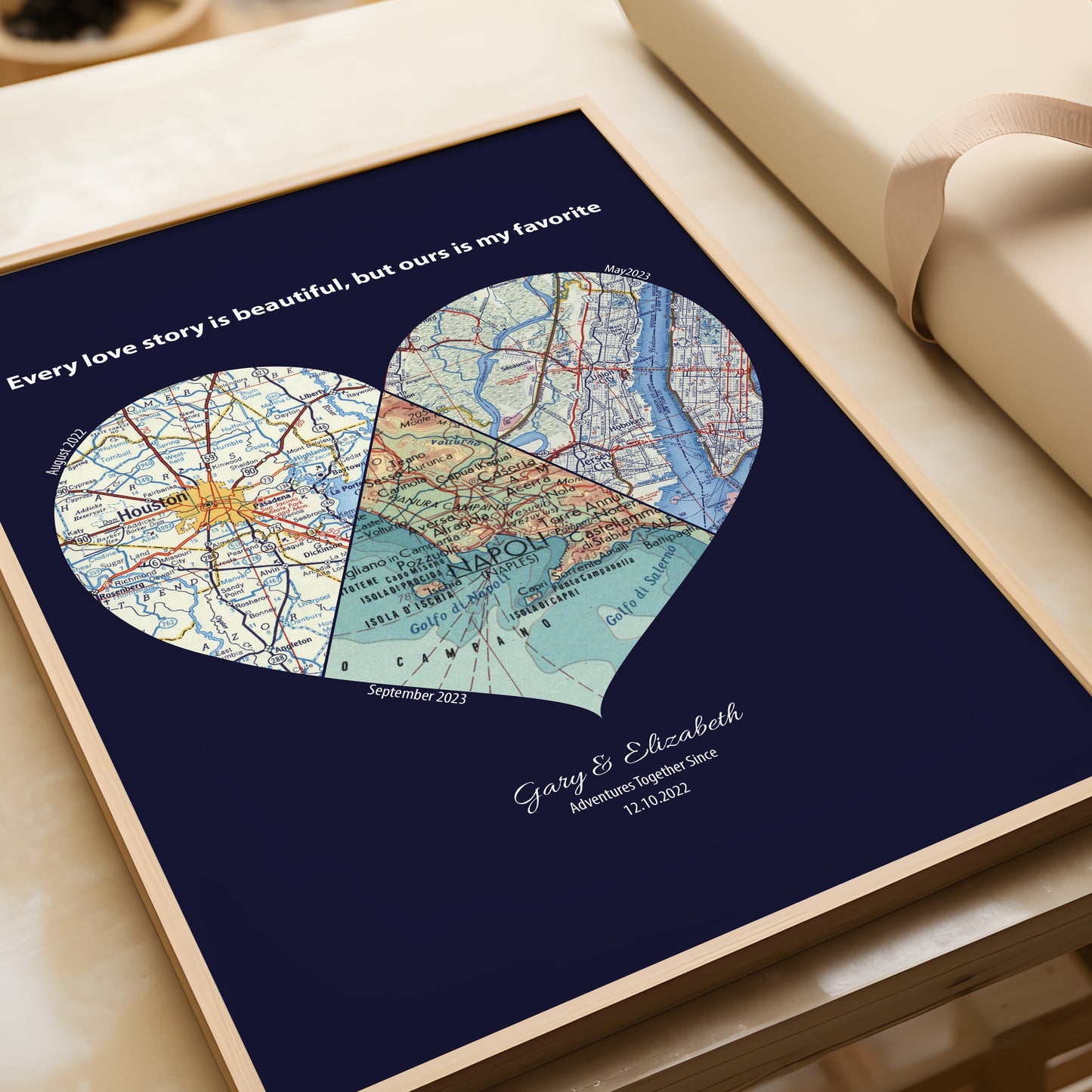 Personalised Heart Map Print Any 3 Locations (Navy)