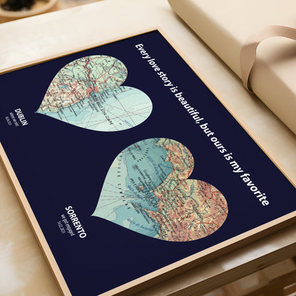 Personalised Heart Map Print, Custom Couples Gift